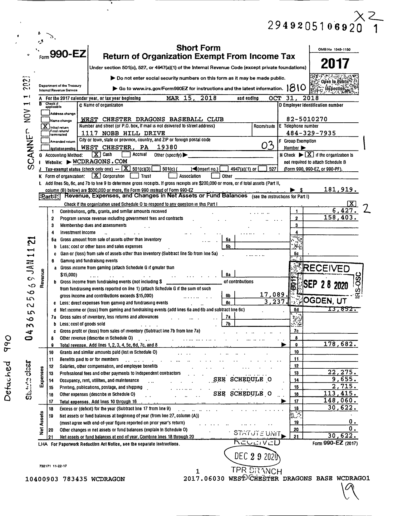 Image of first page of 2017 Form 990EZ for West Chester Dragons Baseball Club