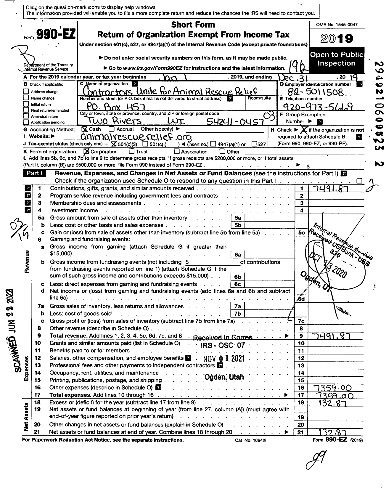 Image of first page of 2019 Form 990EZ for Contractors Unite for Animal Rescue Relief