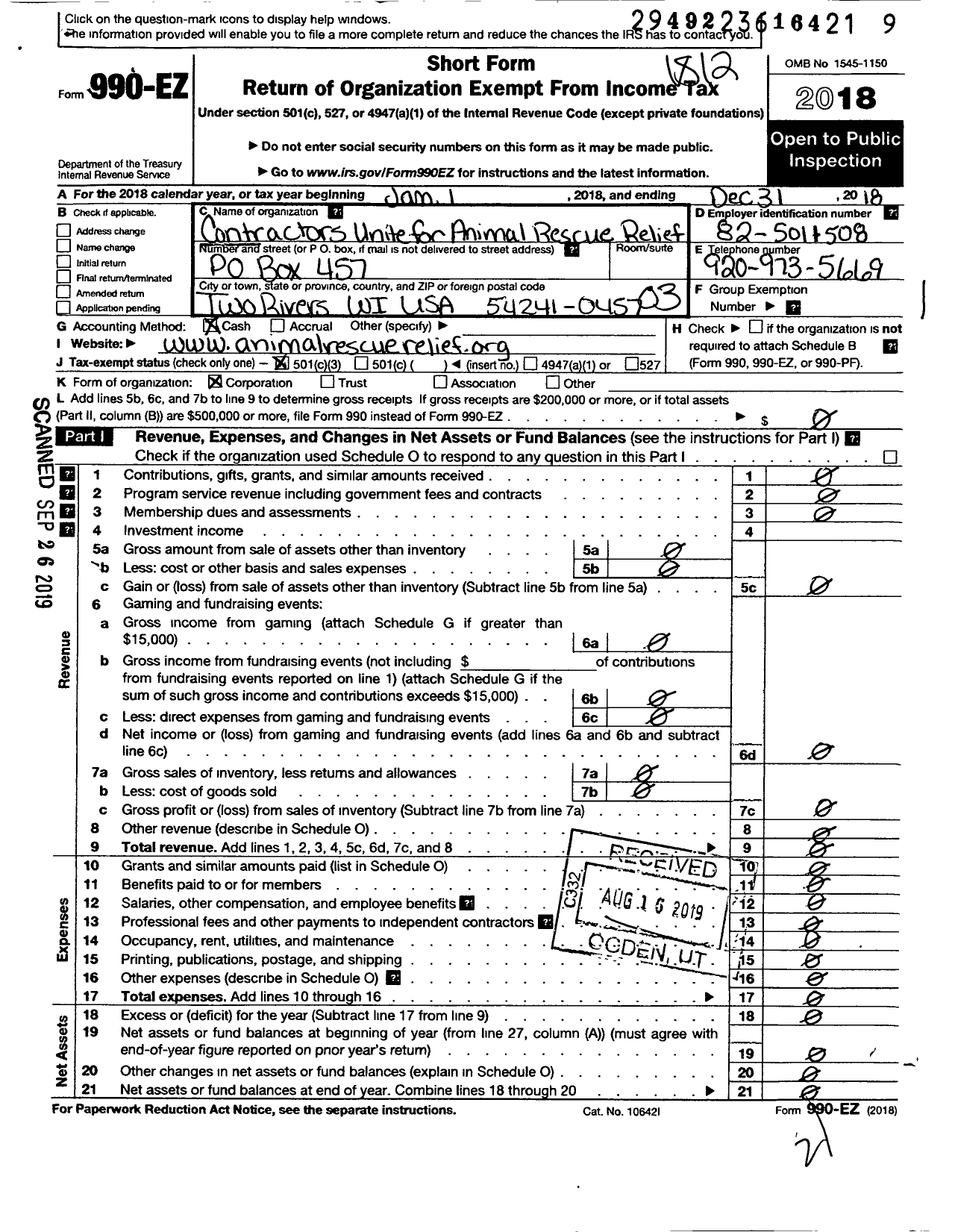 Image of first page of 2018 Form 990EZ for Contractors Unite for Animal Rescue Relief