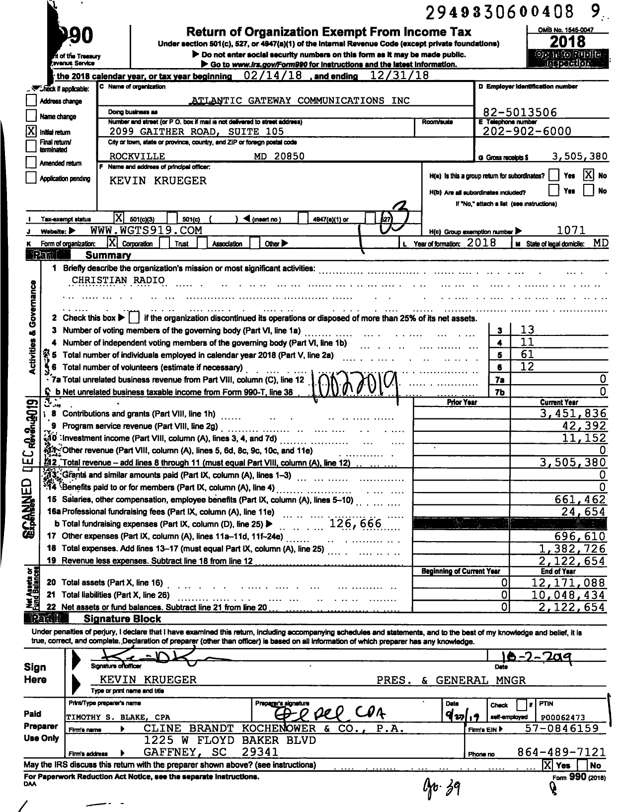 Image of first page of 2018 Form 990 for Atlantic Gateway Communications