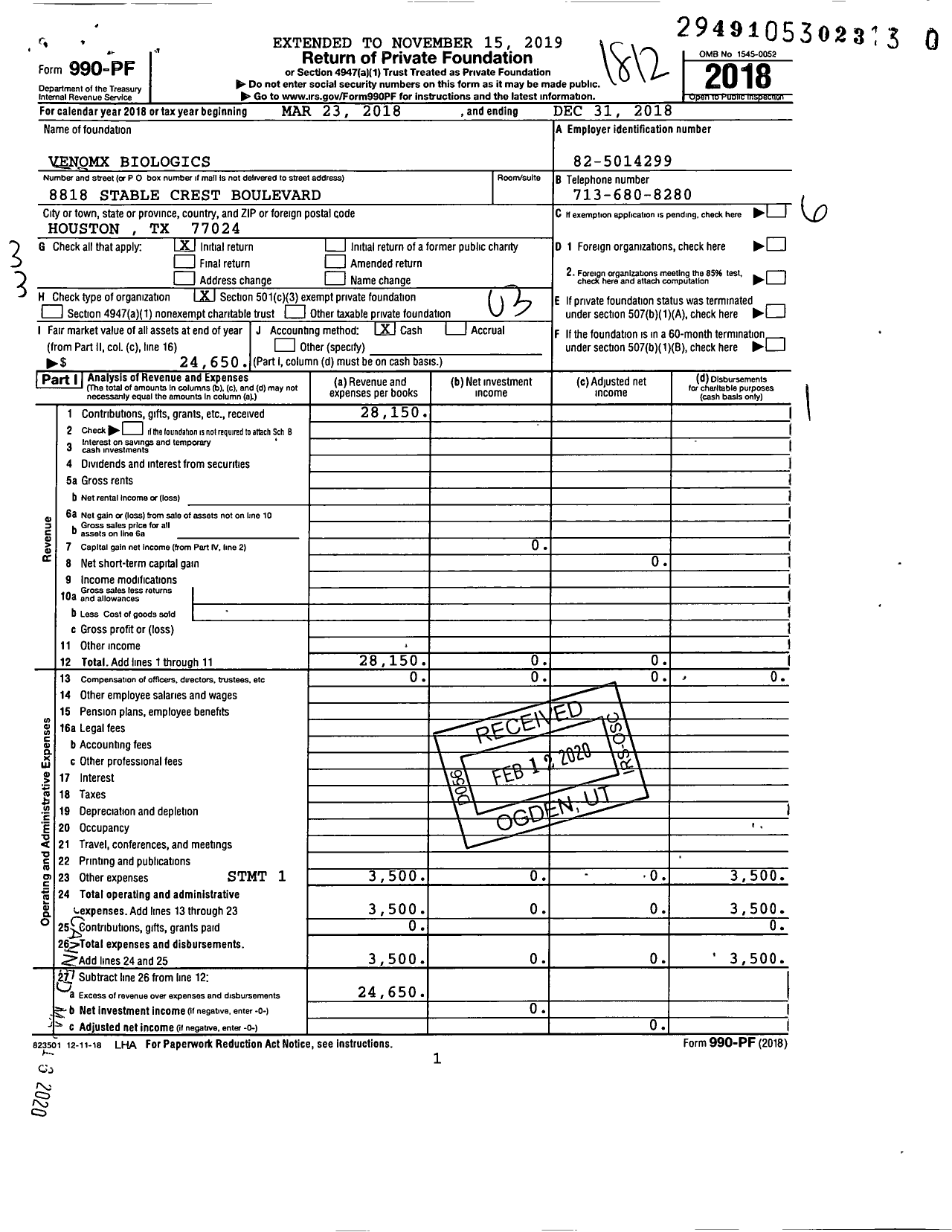 Image of first page of 2018 Form 990PR for Venomx Biologics