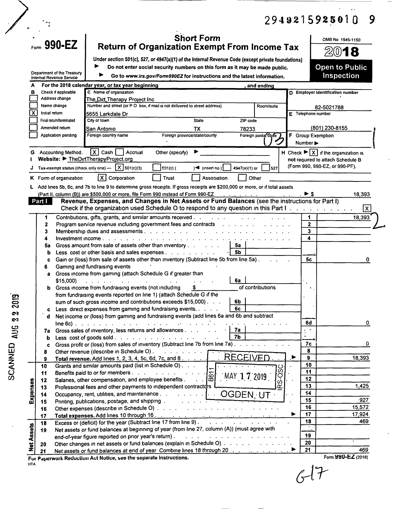 Image of first page of 2018 Form 990EZ for Dirt Therapy Project