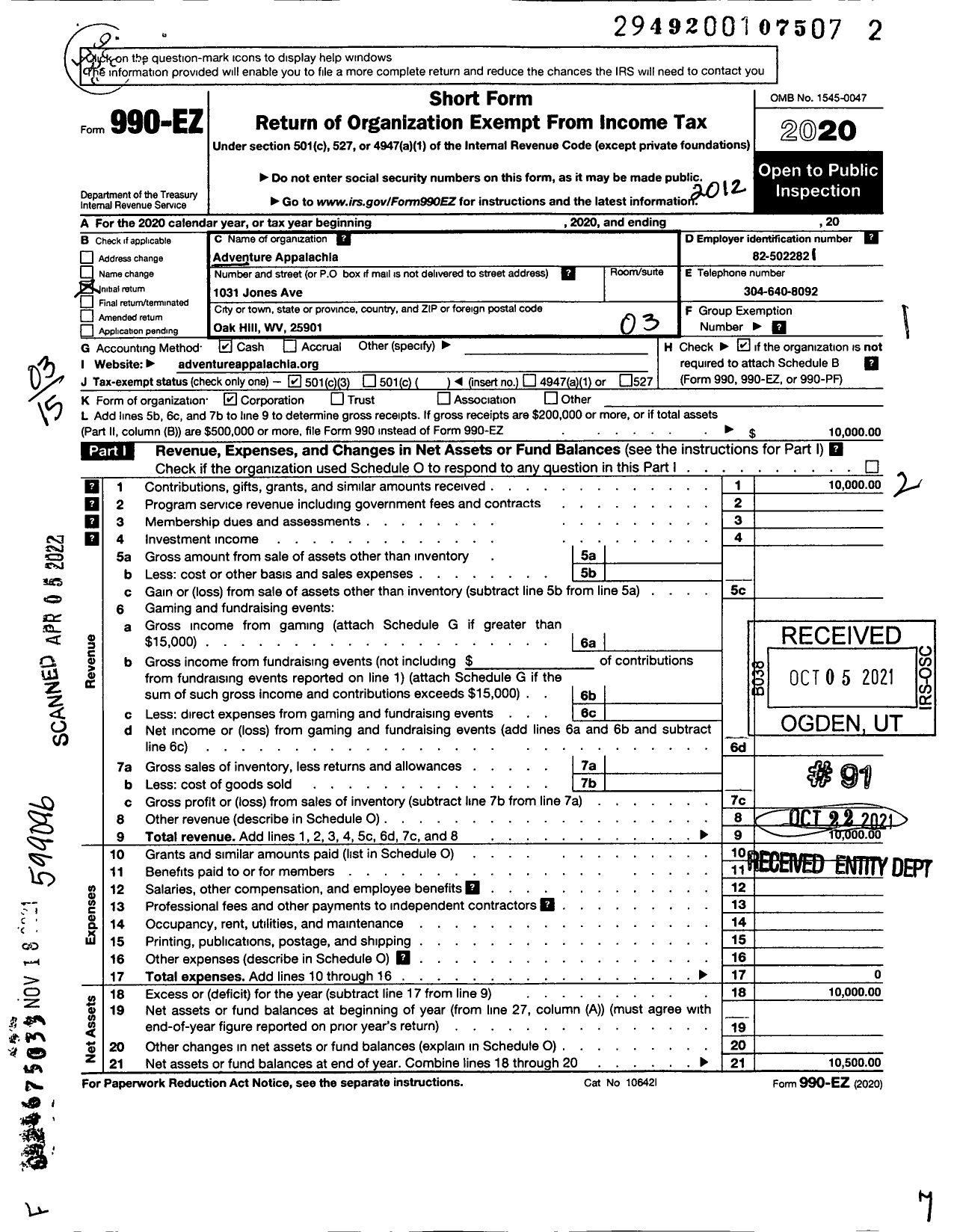 Image of first page of 2020 Form 990EZ for Adventure Appalachia