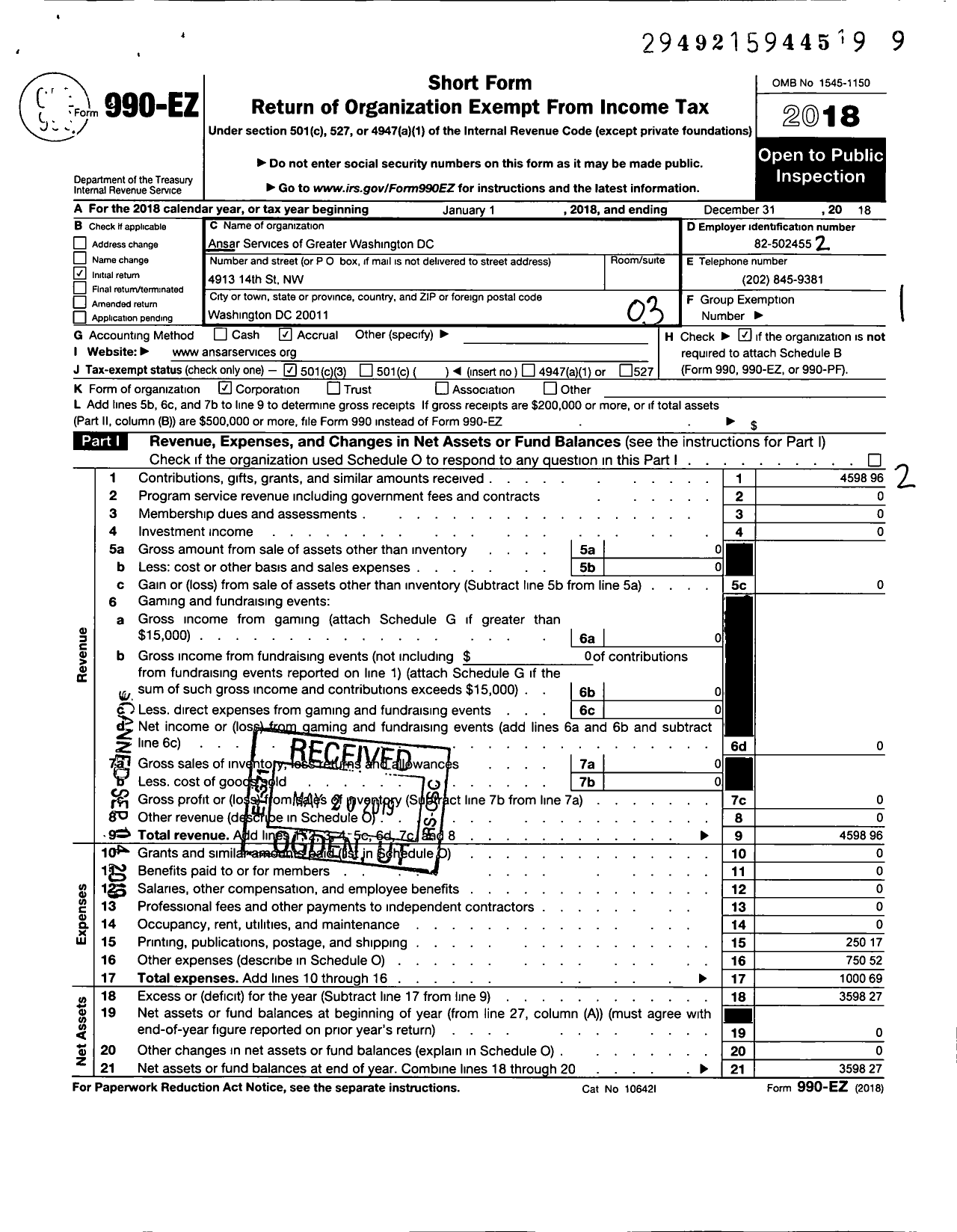 Image of first page of 2018 Form 990EZ for Ansar Services of Greater Washington