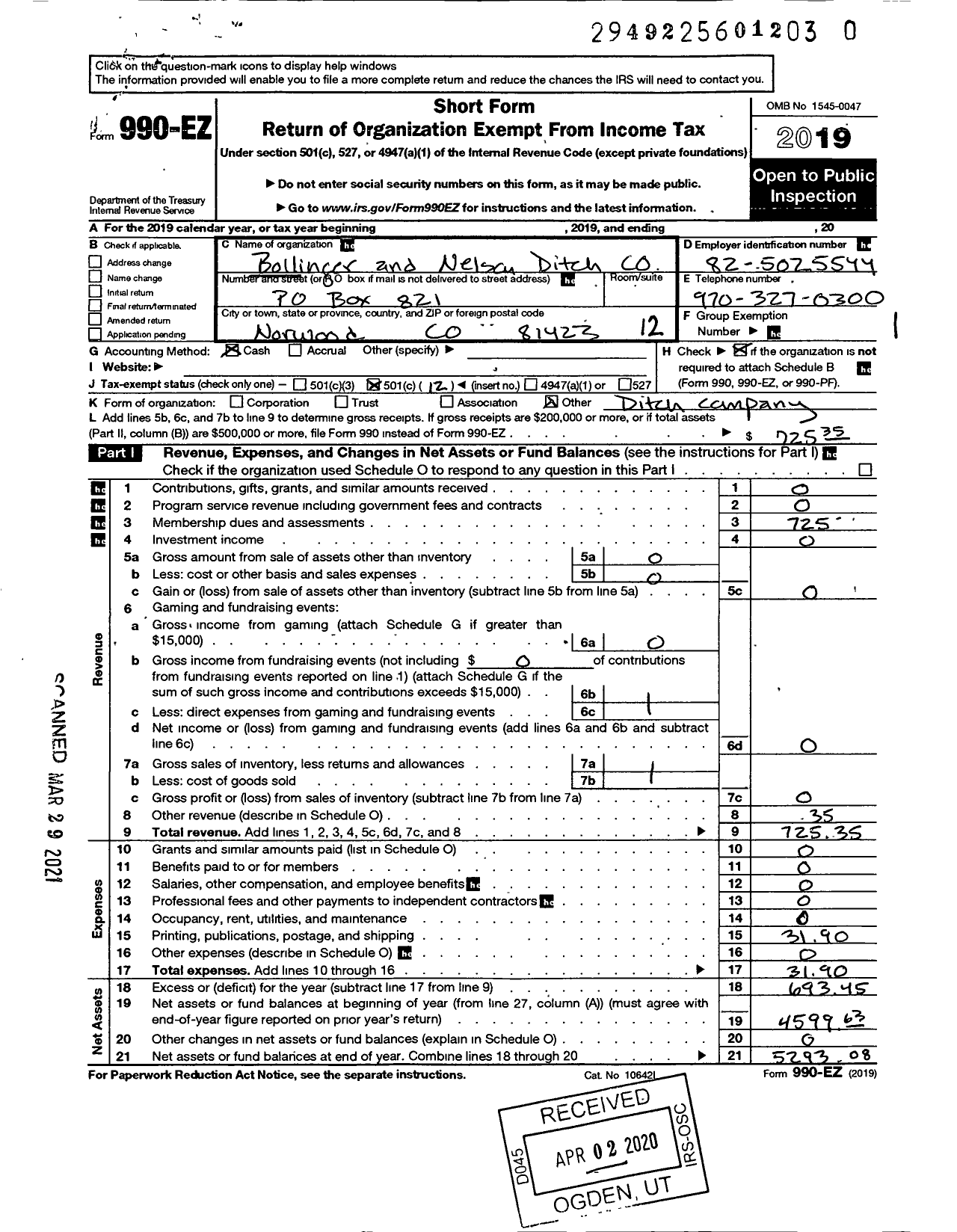 Image of first page of 2019 Form 990EO for Bollinger and Nelson Ditch Company