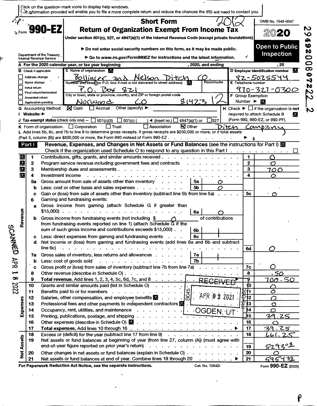 Image of first page of 2020 Form 990EO for Bollinger and Nelson Ditch Company