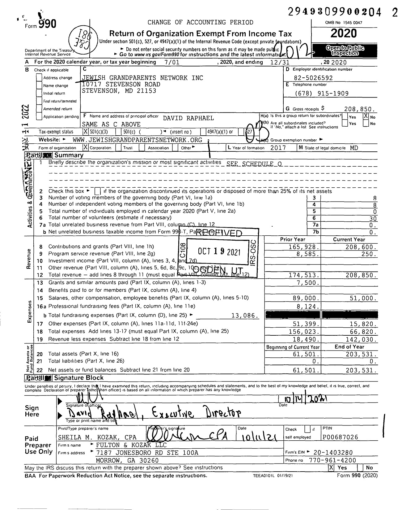 Image of first page of 2020 Form 990 for Jewish Grandparents Network