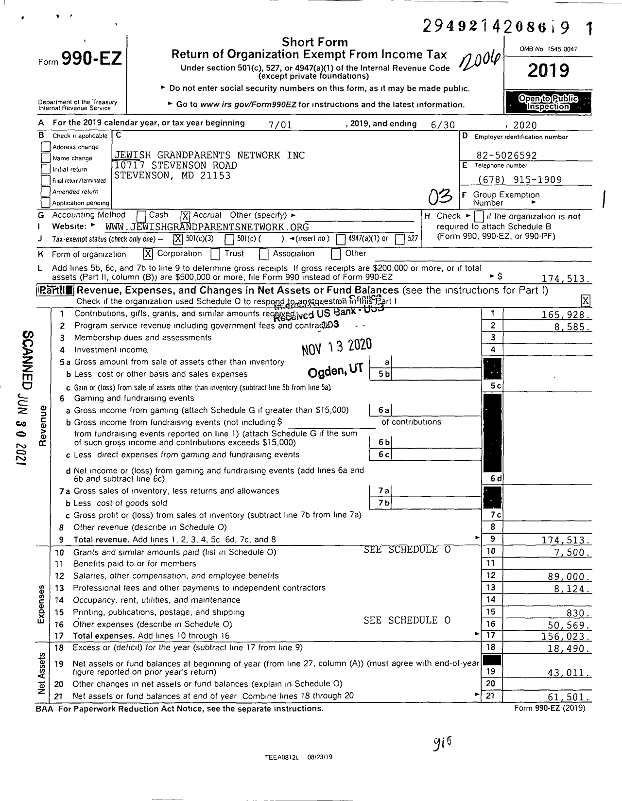 Image of first page of 2019 Form 990EZ for Jewish Grandparents Network