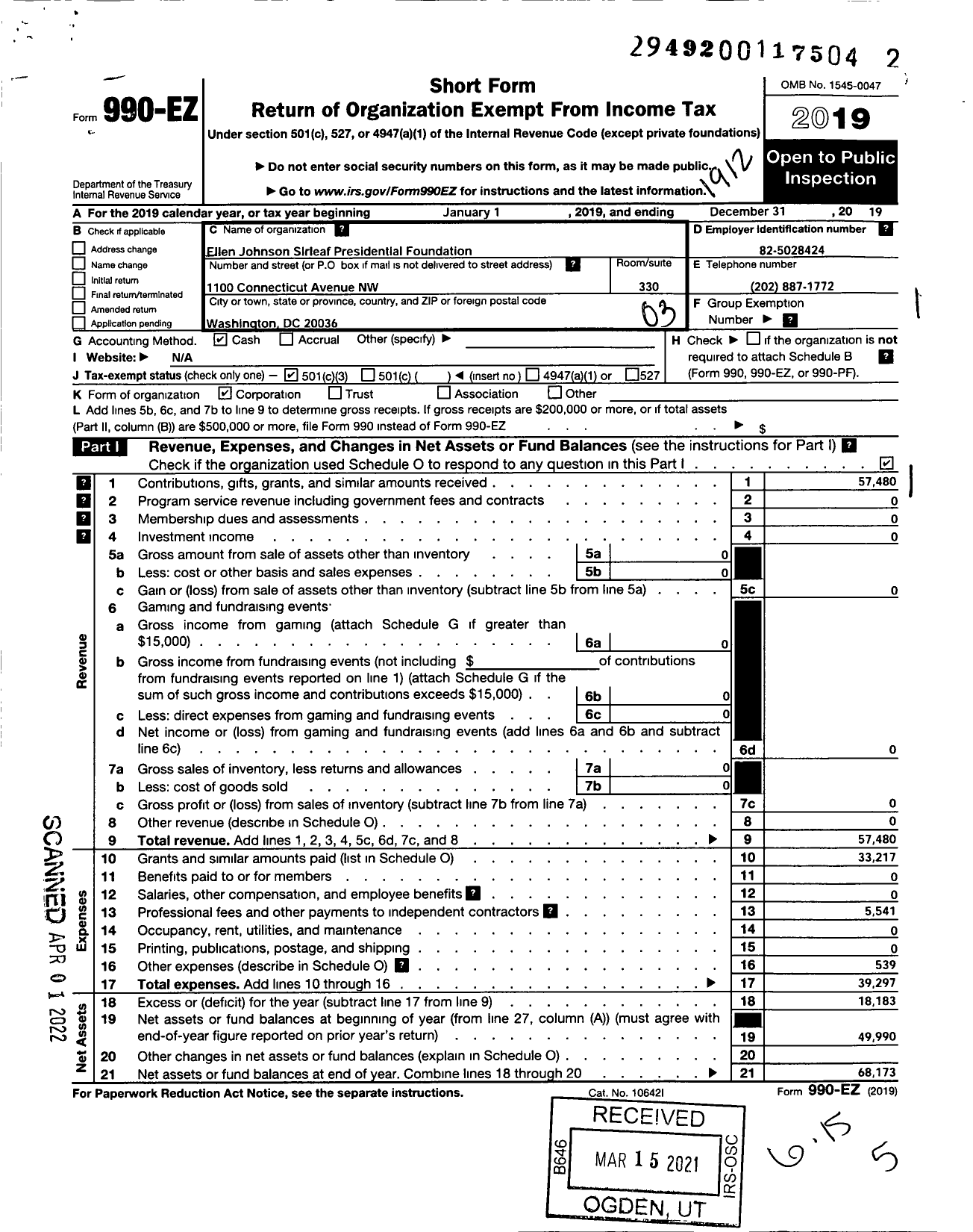 Image of first page of 2019 Form 990EZ for Ellen Johnson Sirleaf Presidential Foundation