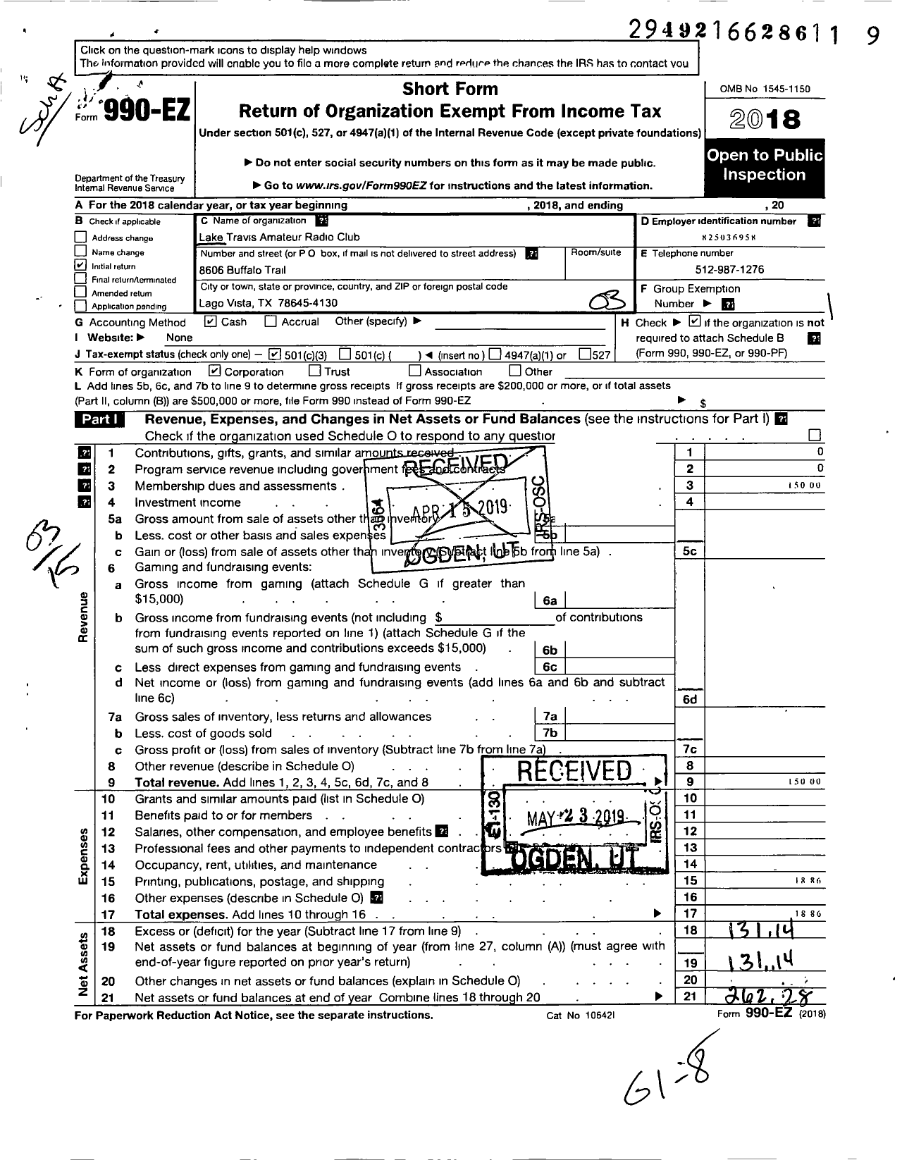 Image of first page of 2018 Form 990EZ for Lake Travis Amateur Radio Club