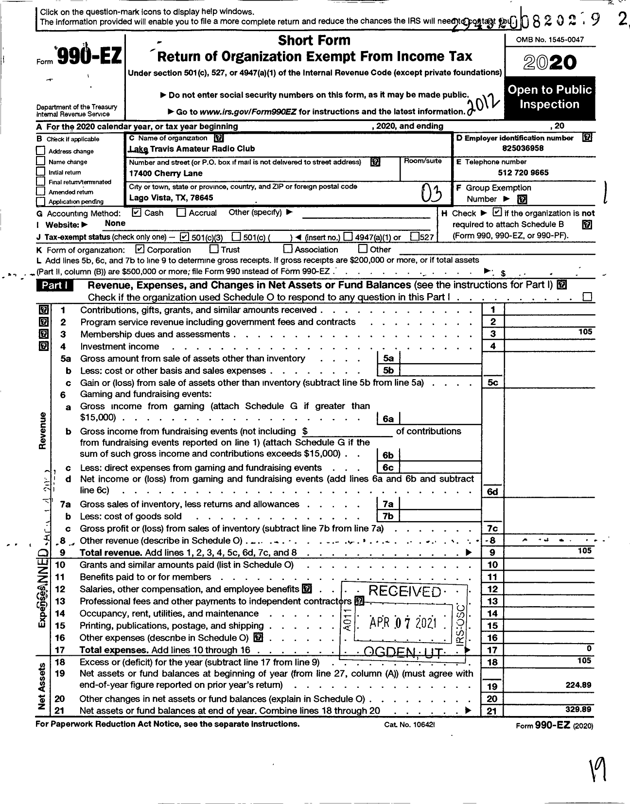 Image of first page of 2020 Form 990EZ for Lake Travis Amateur Radio Club