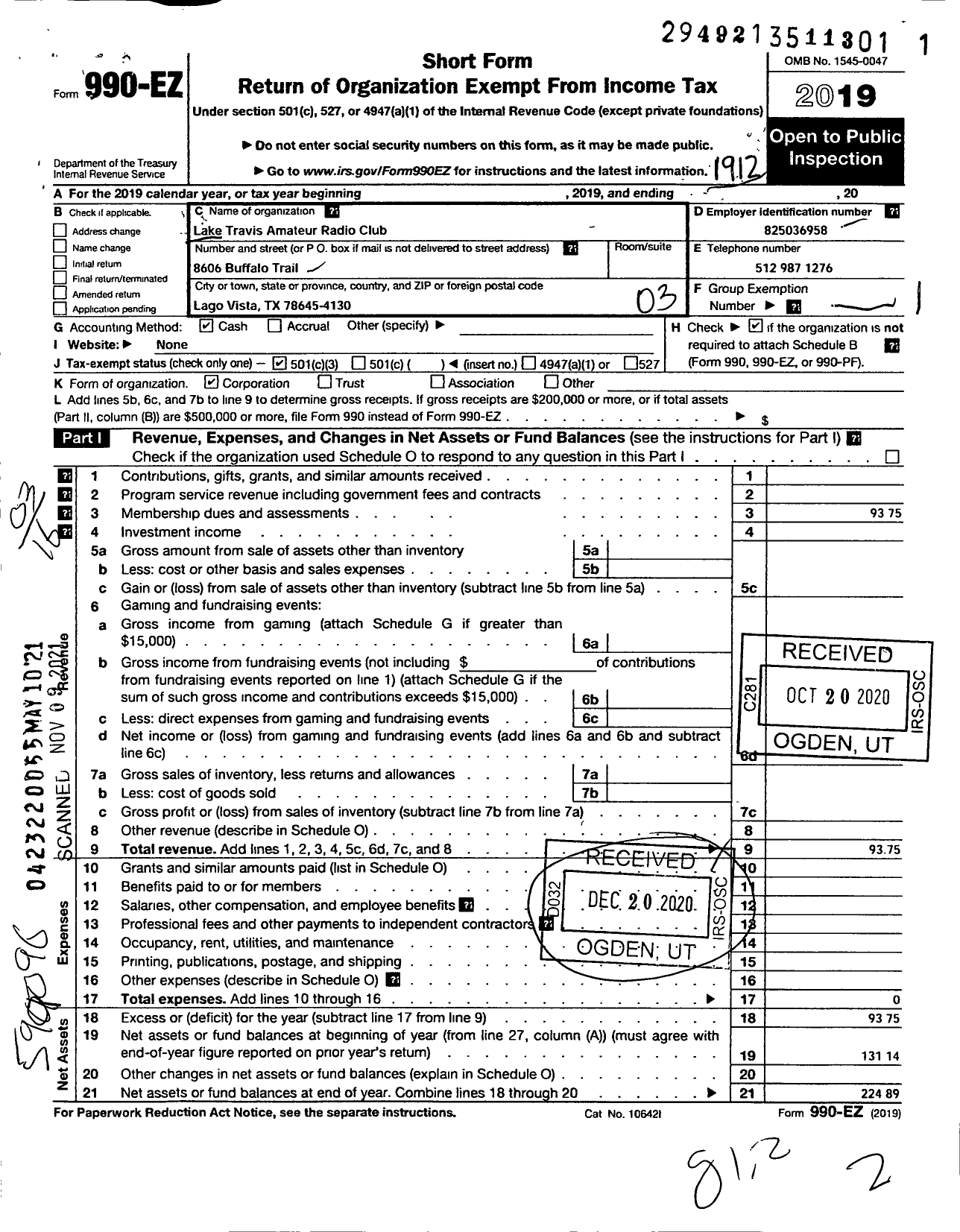 Image of first page of 2019 Form 990EZ for Lake Travis Amateur Radio Club