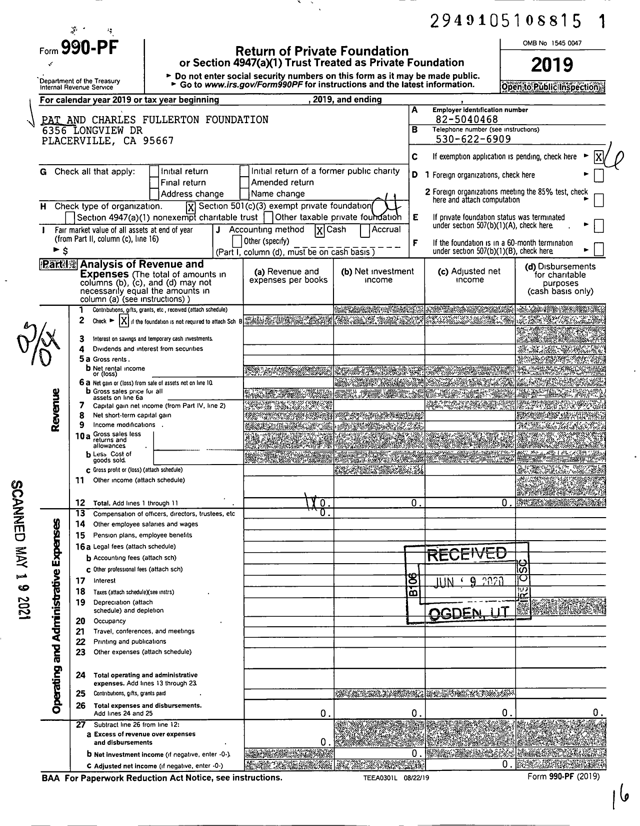 Image of first page of 2019 Form 990PF for Pat and Charles Fullerton Foundation