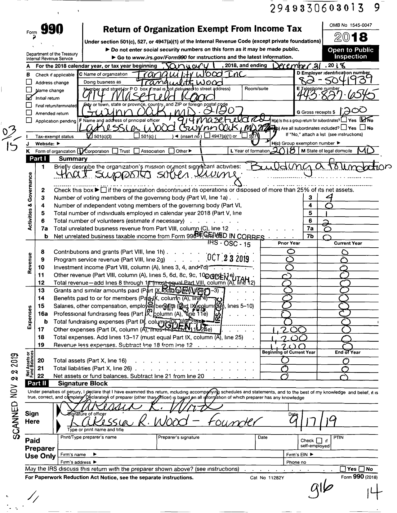 Image of first page of 2018 Form 990 for Tranquility Wellness