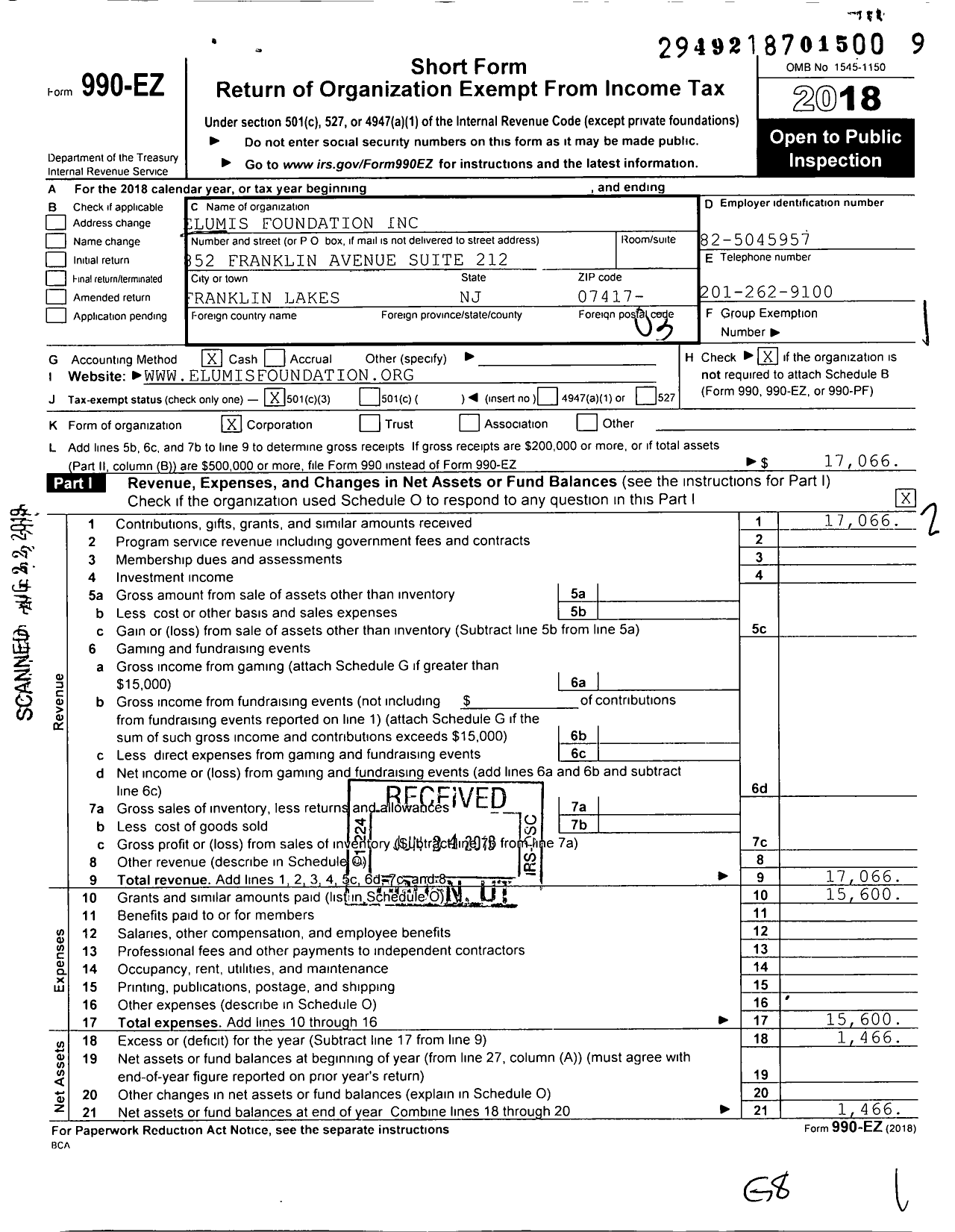 Image of first page of 2018 Form 990EZ for Elumis Foundation