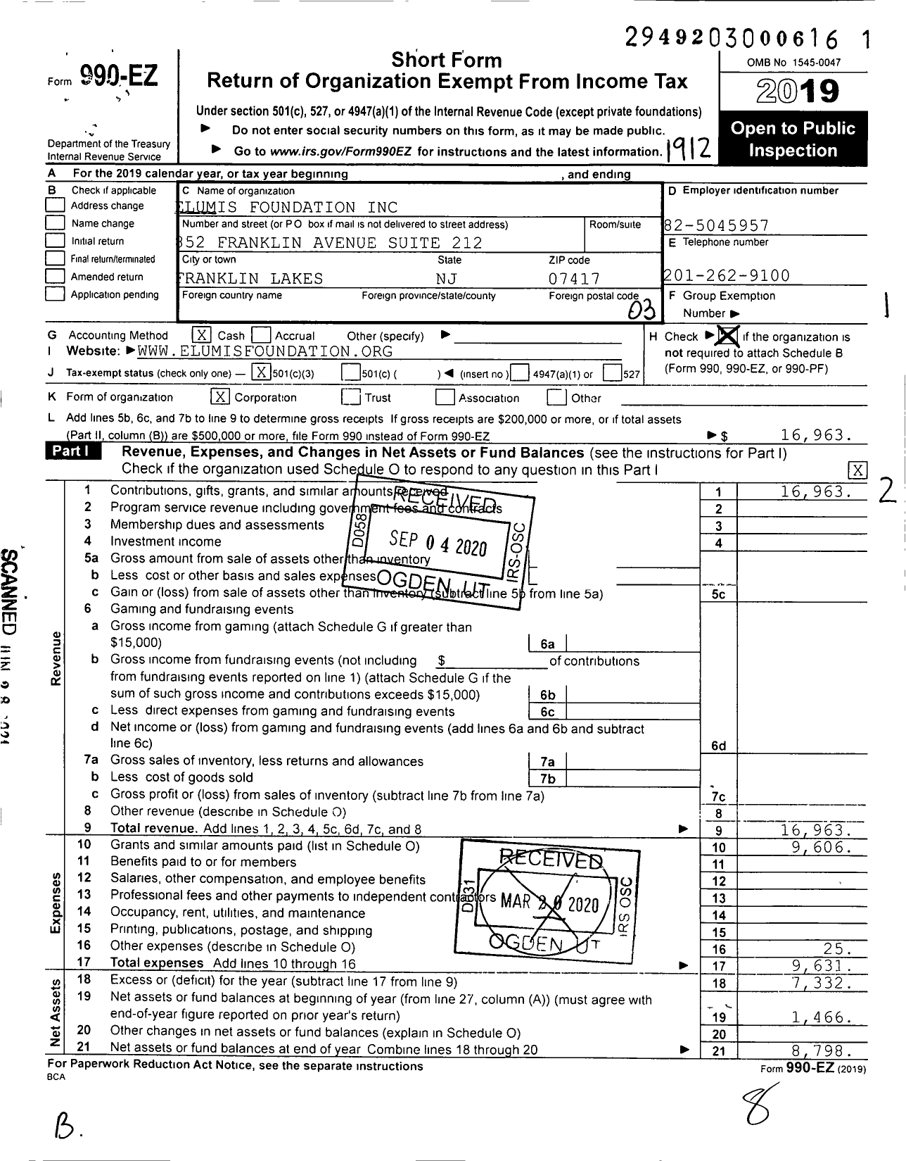 Image of first page of 2019 Form 990EZ for Elumis Foundation