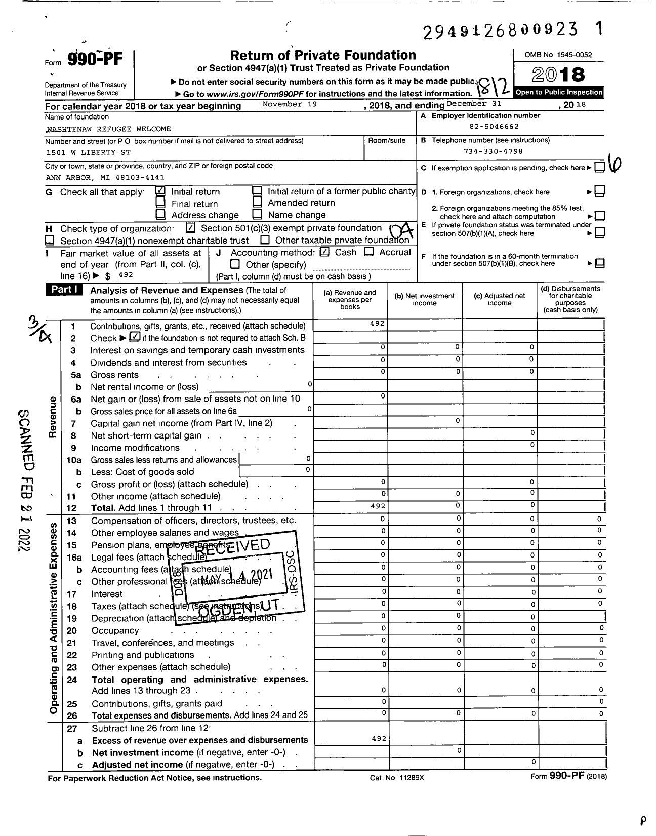 Image of first page of 2018 Form 990PF for Washtenaw Refugee Welcome