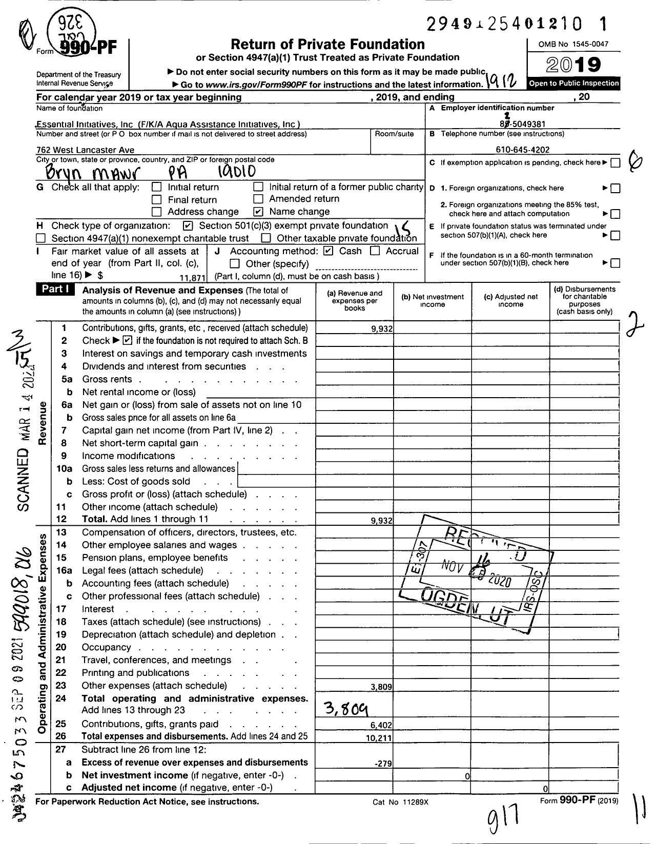 Image of first page of 2019 Form 990PF for Essential Initiatives