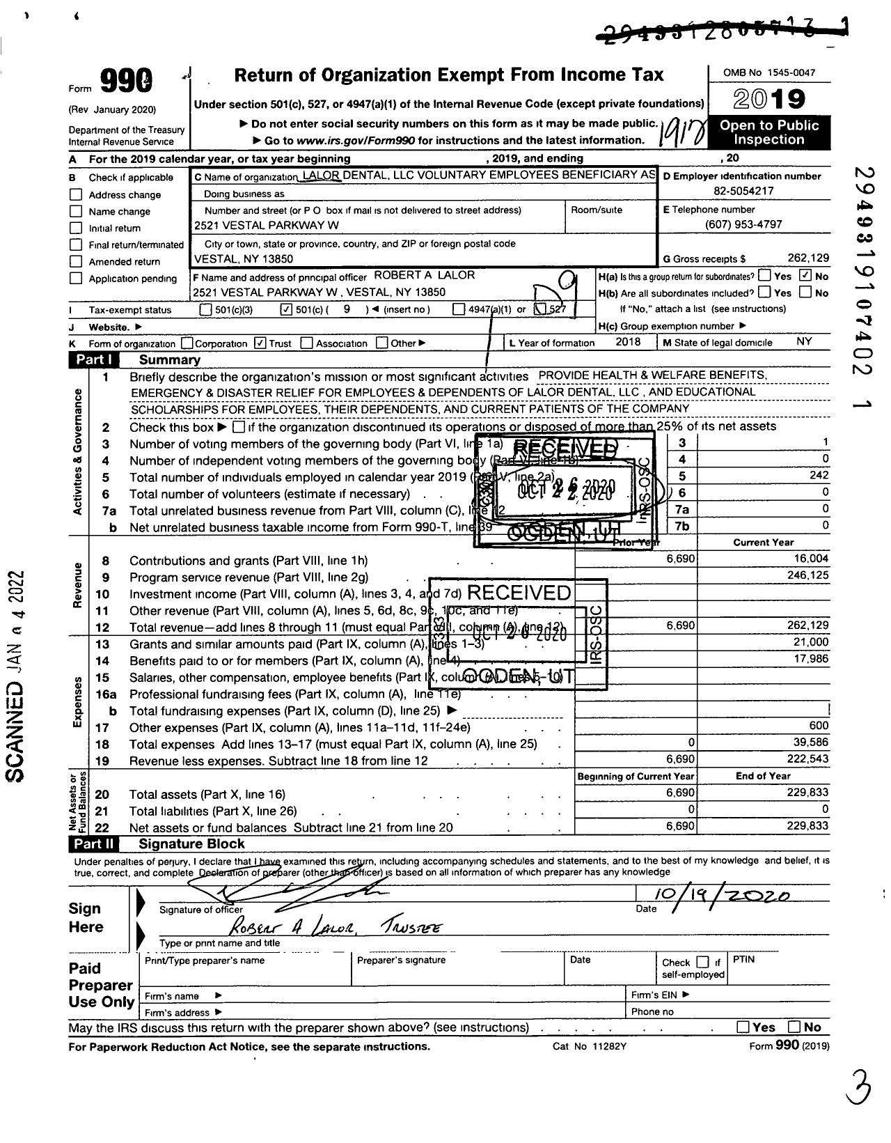 Image of first page of 2019 Form 990O for Lalor Dental LLC Voluntary Employees Beneficiary Association Trust