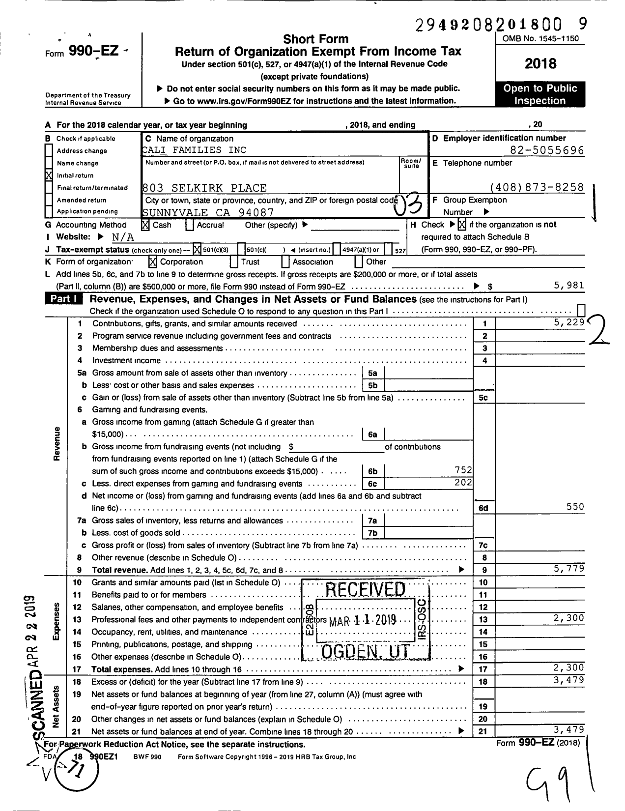 Image of first page of 2018 Form 990EZ for Cali Families