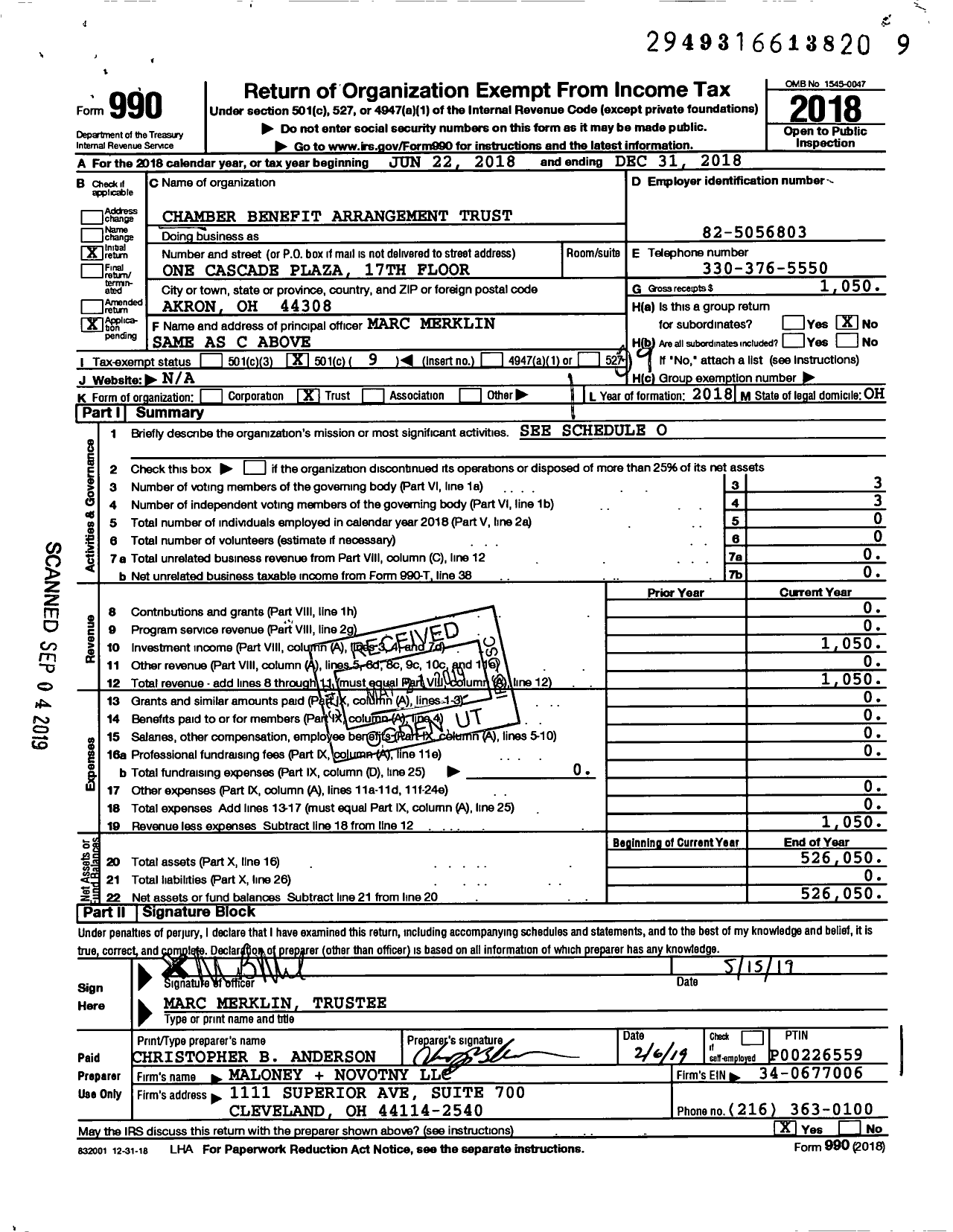 Image of first page of 2018 Form 990O for Chamber Benefit Arrangement Trust