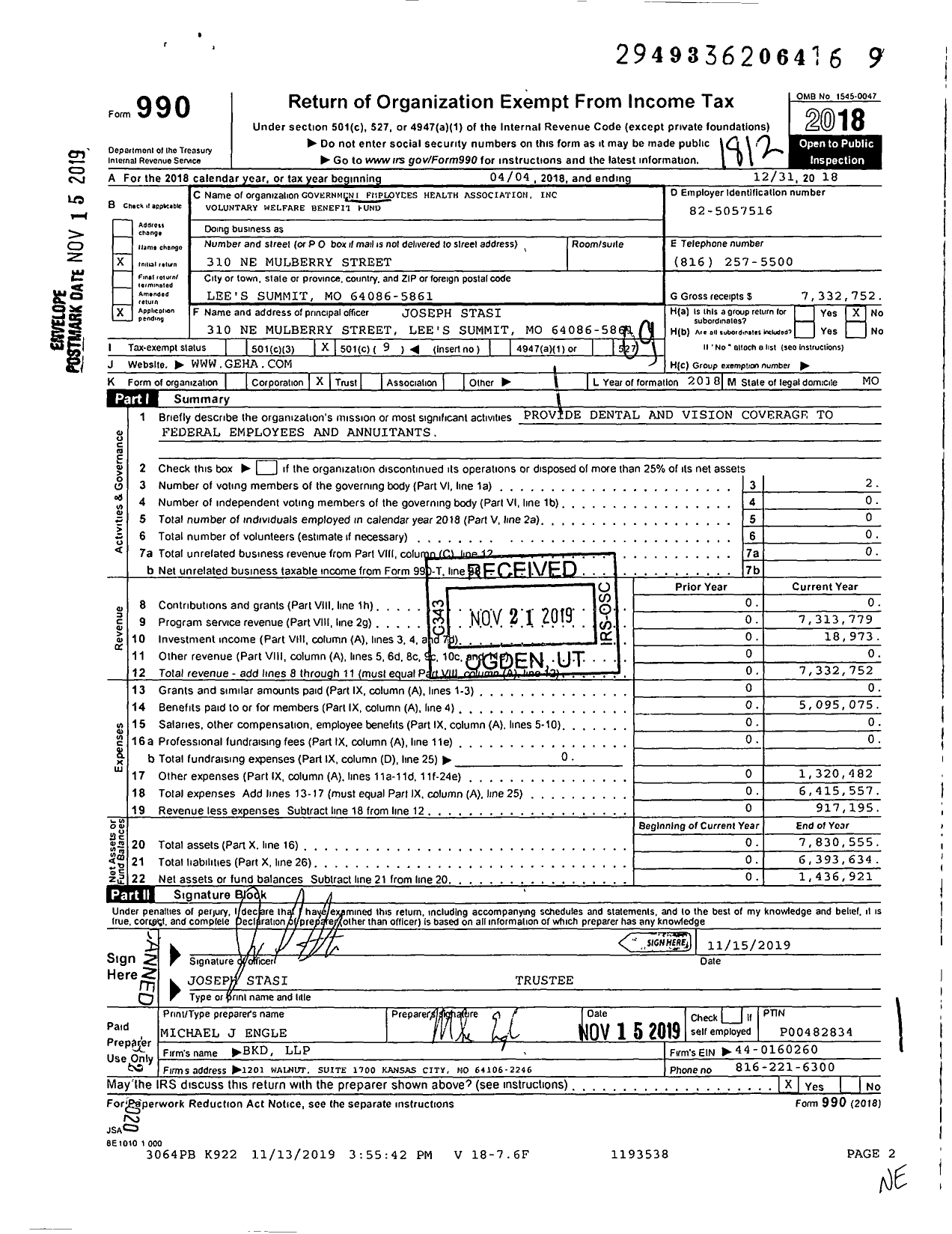 Image of first page of 2018 Form 990O for Government Employees Health Association Voluntary Welfare Benefit Fund