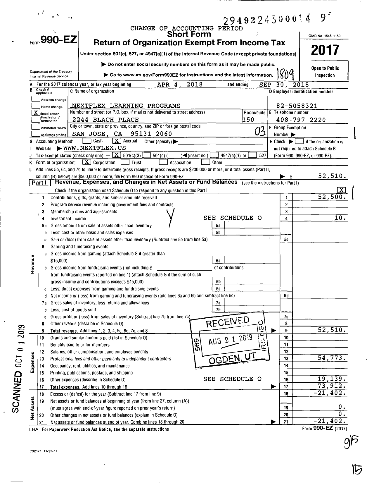 Image of first page of 2017 Form 990EZ for Nextflex Learning Programs