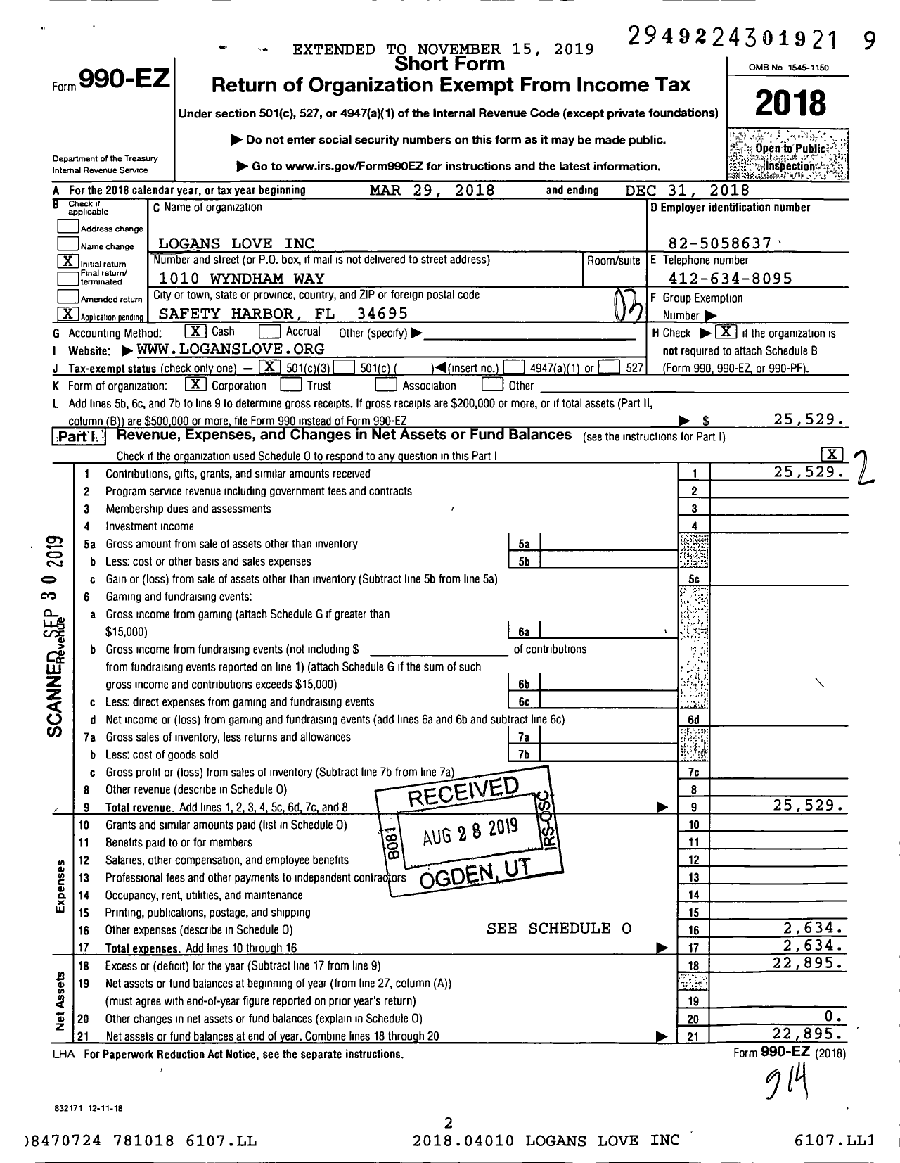 Image of first page of 2018 Form 990EZ for Logans Love