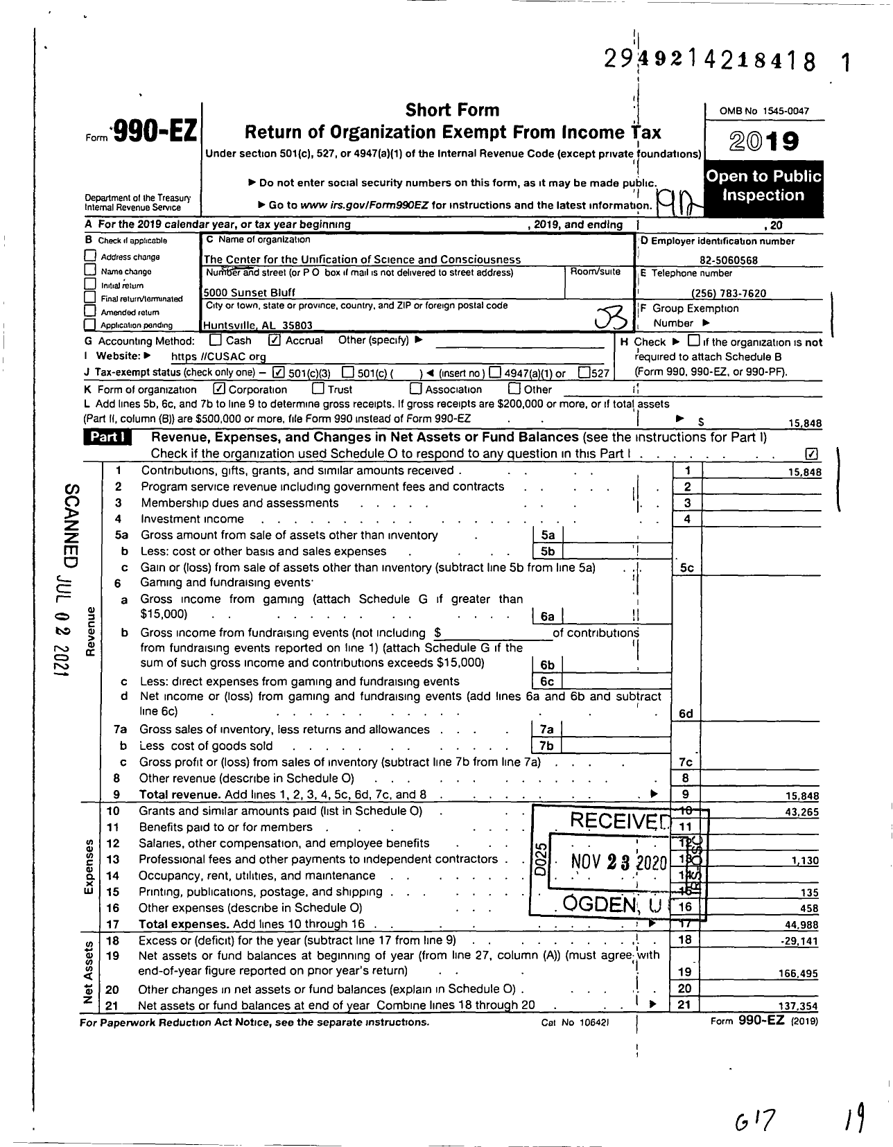 Image of first page of 2019 Form 990EZ for Center of Unification of Science Consciousness