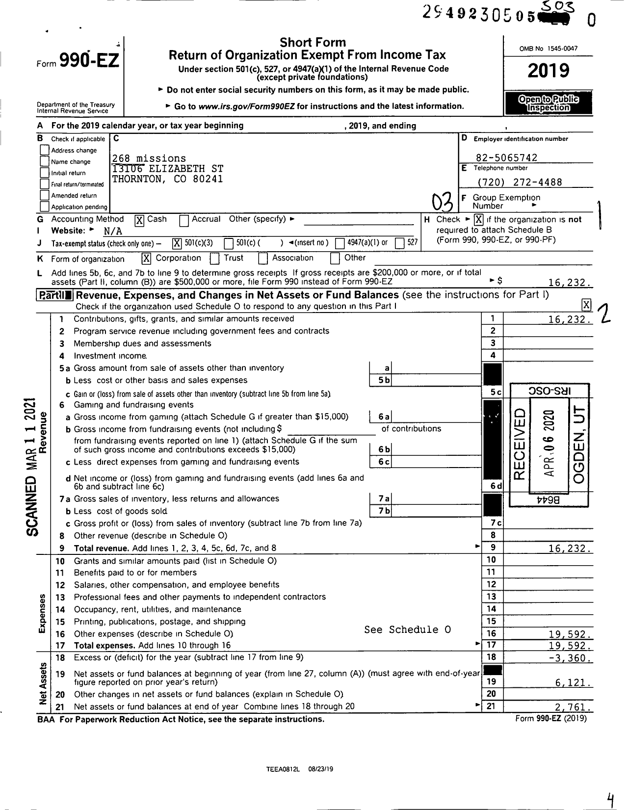 Image of first page of 2019 Form 990EZ for 268 Missions