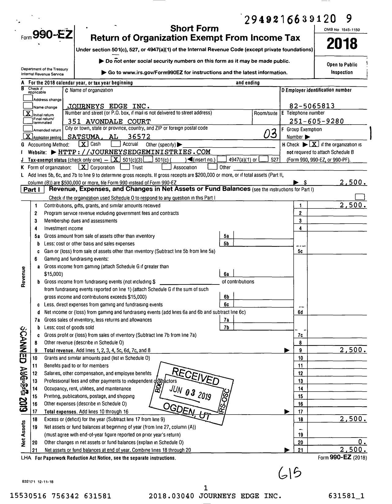 Image of first page of 2018 Form 990EZ for Journeys Edge