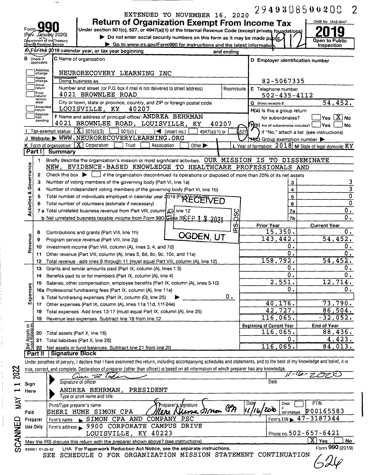 Image of first page of 2019 Form 990 for Neurorecovery Learning