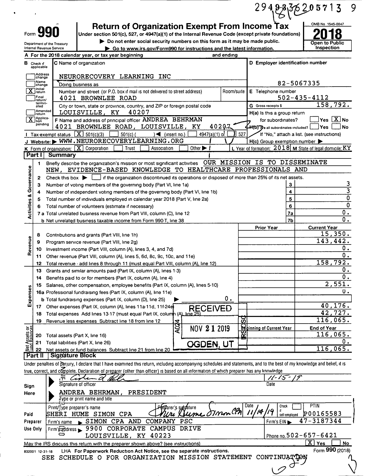 Image of first page of 2018 Form 990 for Neurorecovery Learning