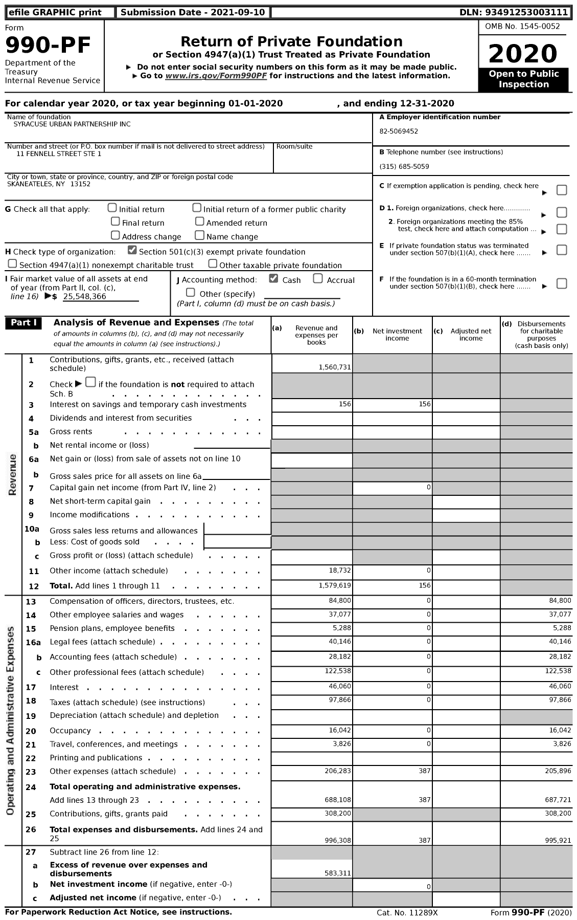 Image of first page of 2020 Form 990PF for Syracuse Urban Partnership