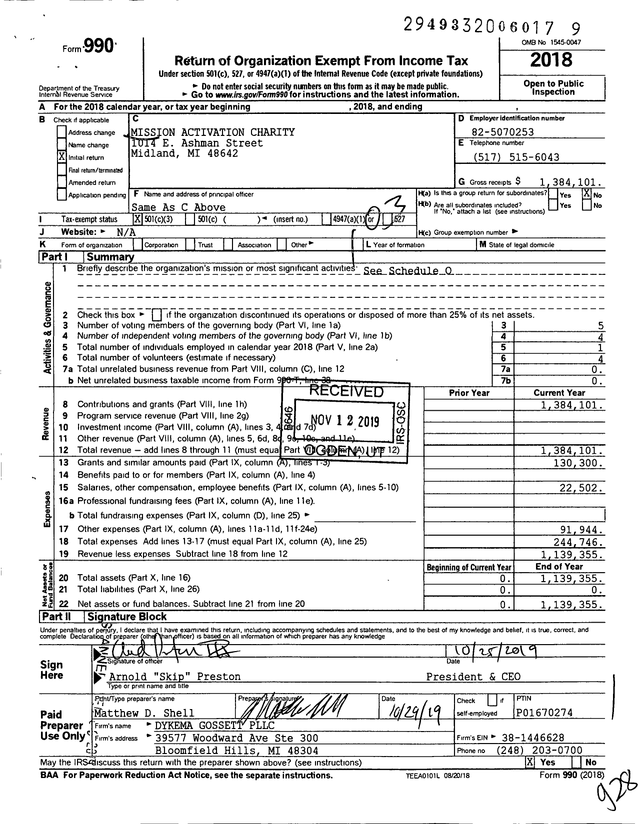 Image of first page of 2018 Form 990 for Mission Activation Charity