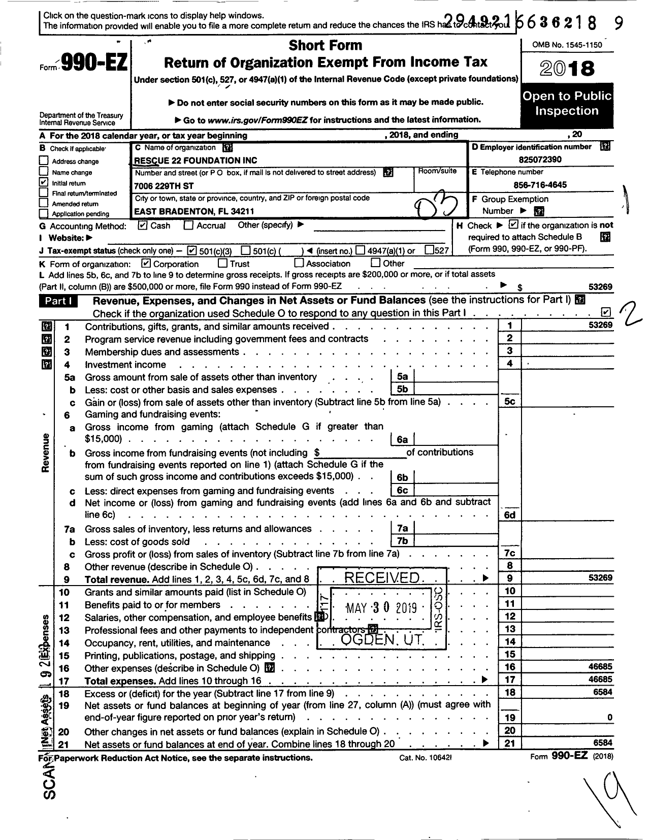 Image of first page of 2018 Form 990EZ for Rescue 22 Foundation