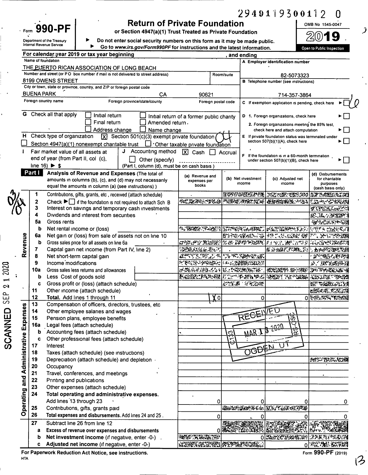 Image of first page of 2019 Form 990PR for Puerto Rican Association of Long Beach