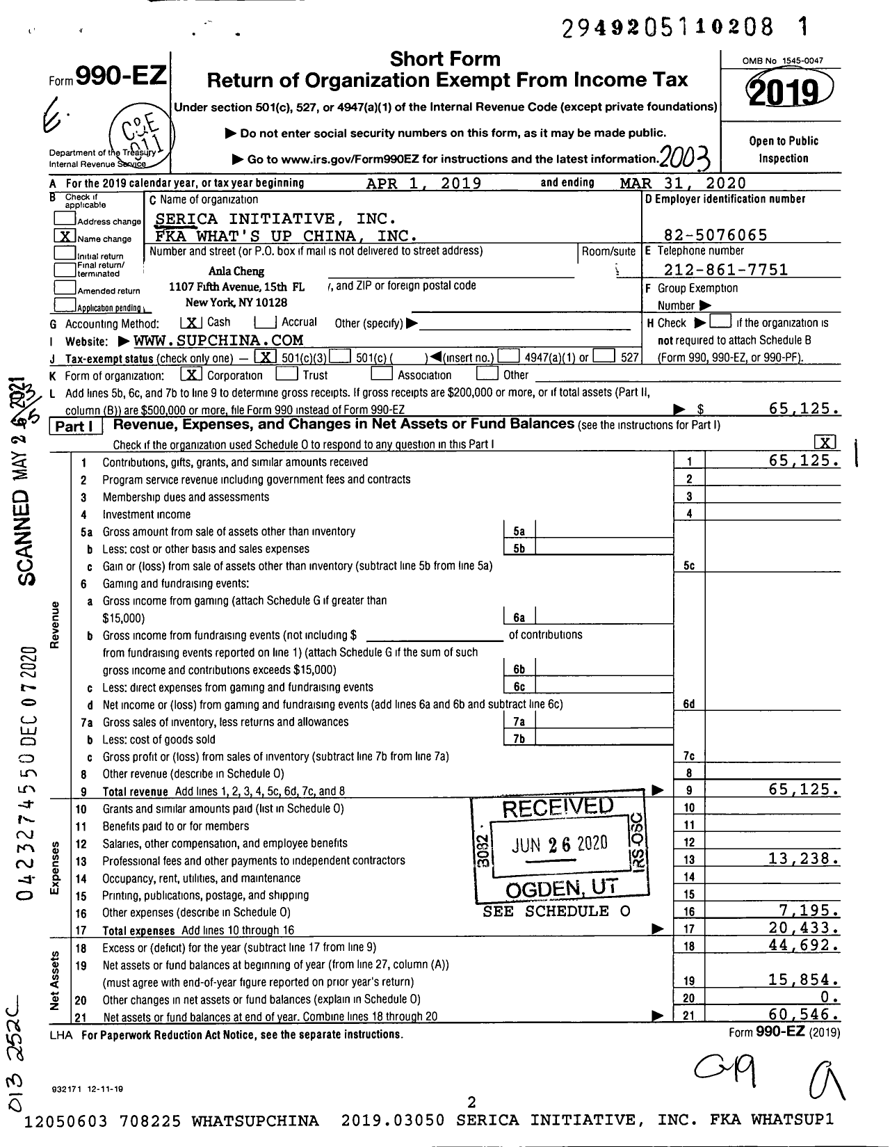 Image of first page of 2019 Form 990EZ for Serica Initiative