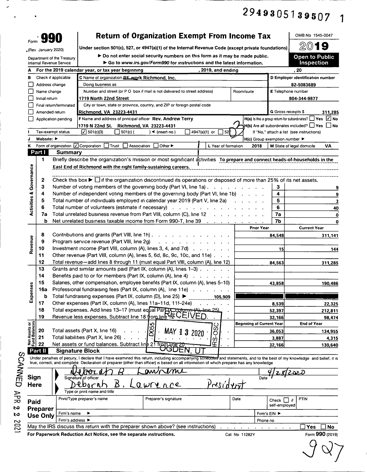 Image of first page of 2019 Form 990 for ReWork Richmond