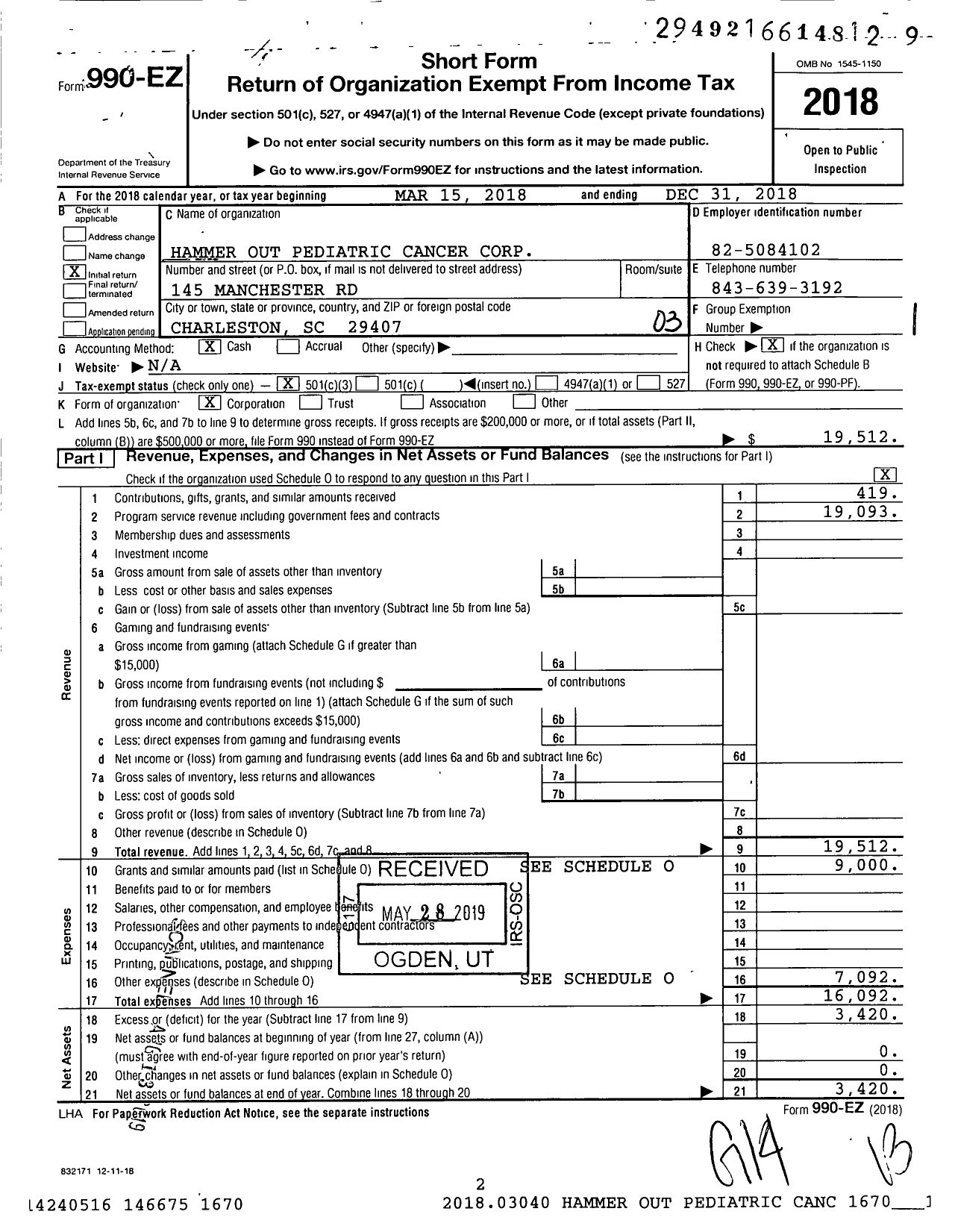 Image of first page of 2018 Form 990EZ for Hammer Out Pediatric Cancer Corporation