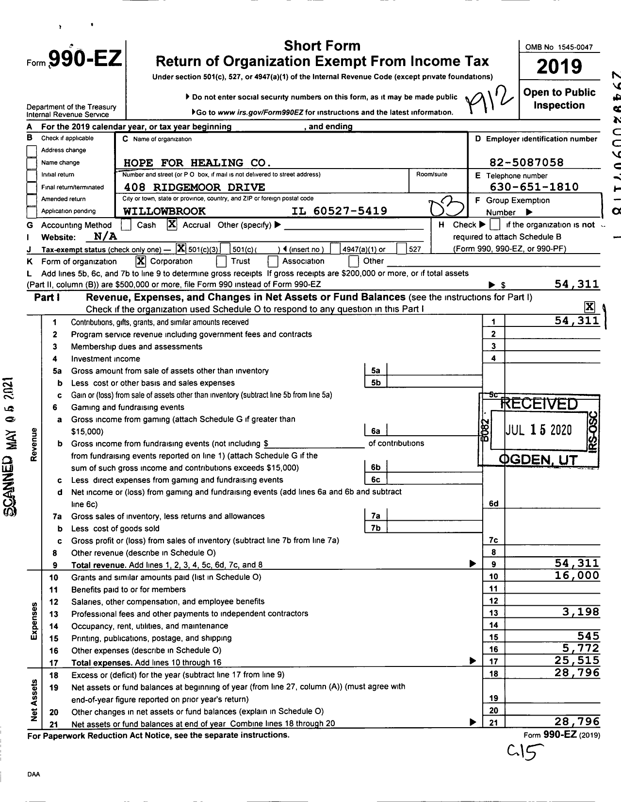 Image of first page of 2019 Form 990EZ for Hope for Healing Company