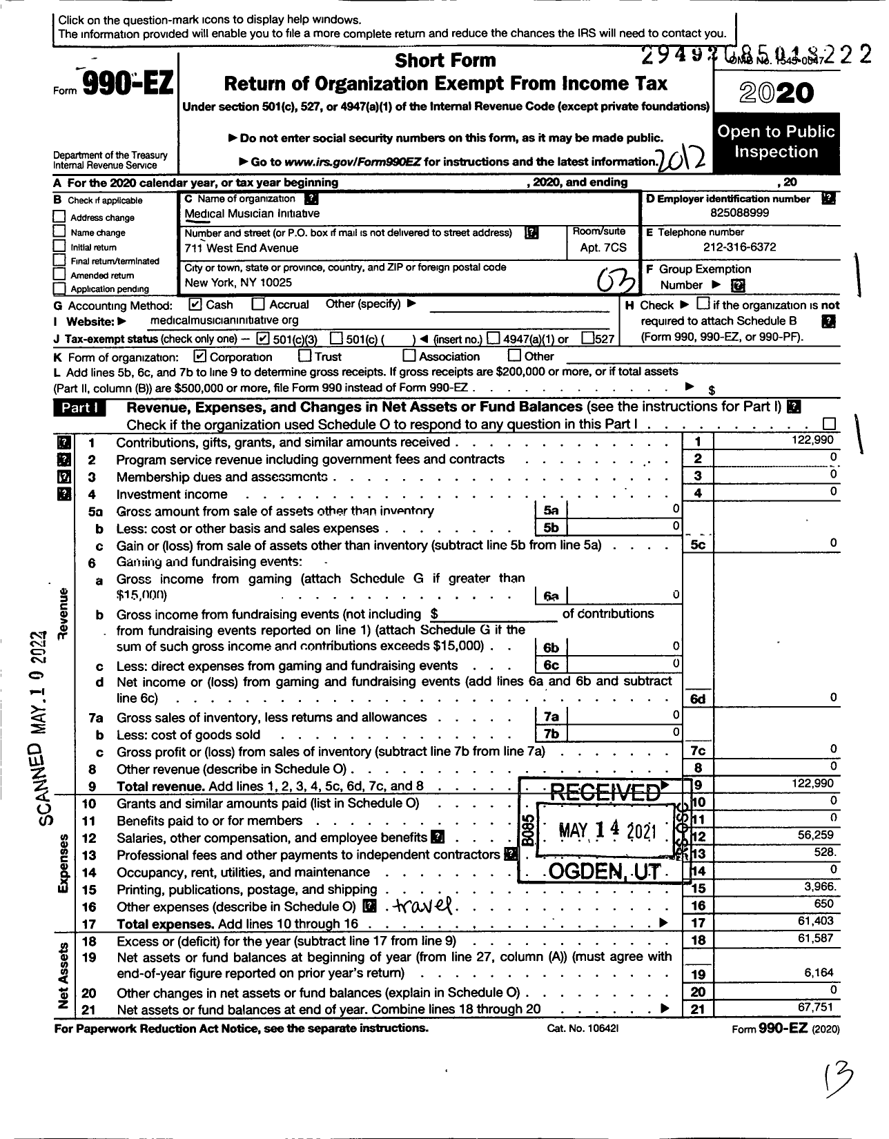 Image of first page of 2020 Form 990EZ for Medical Musician Initiative