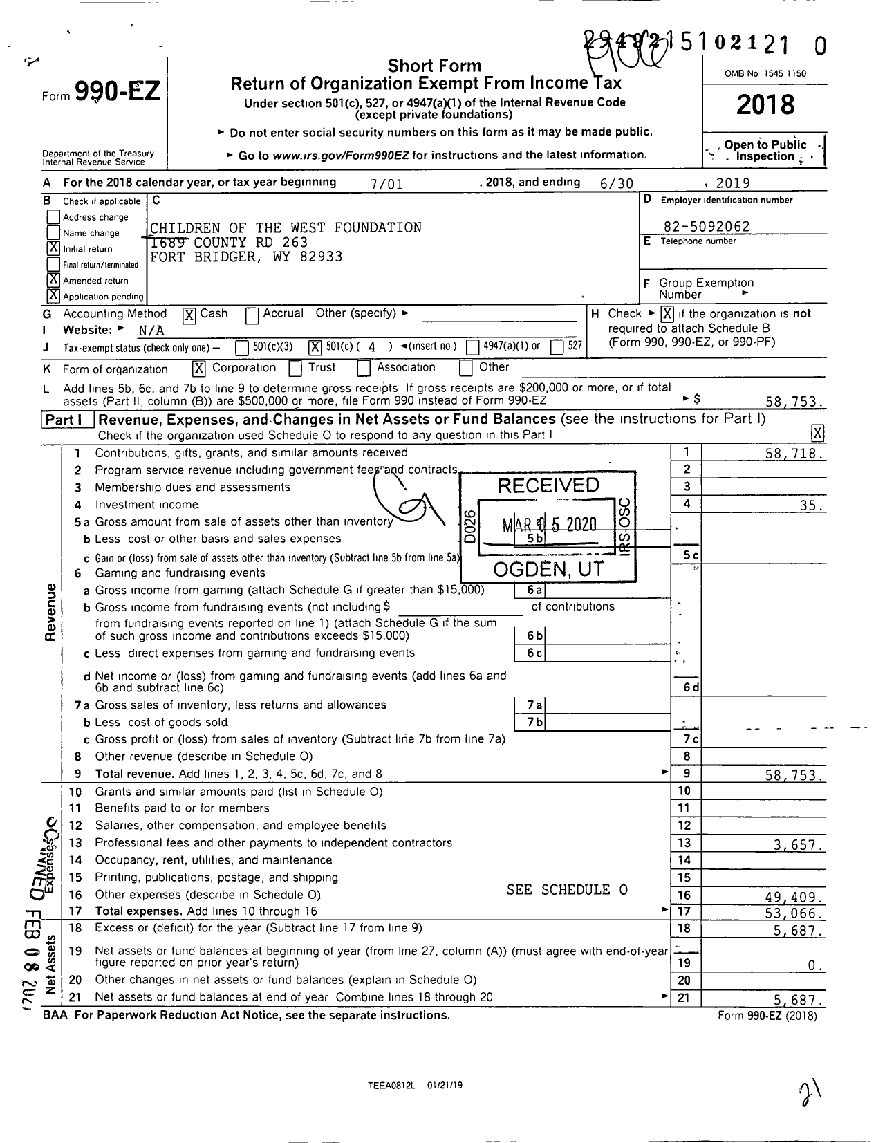 Image of first page of 2018 Form 990EO for Children of the West Foundation