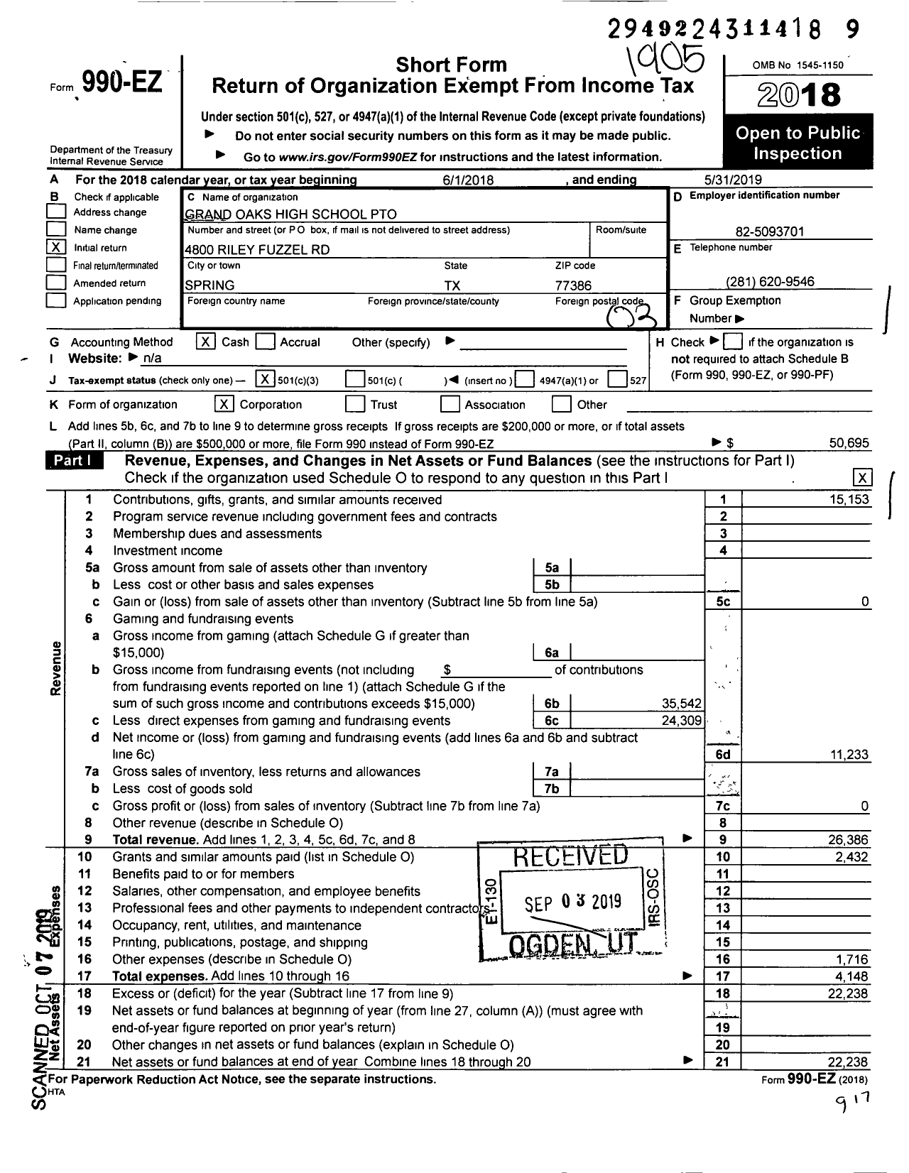 Image of first page of 2018 Form 990EZ for Cisd Educational Support Groups / Grand Oaks High School Pto