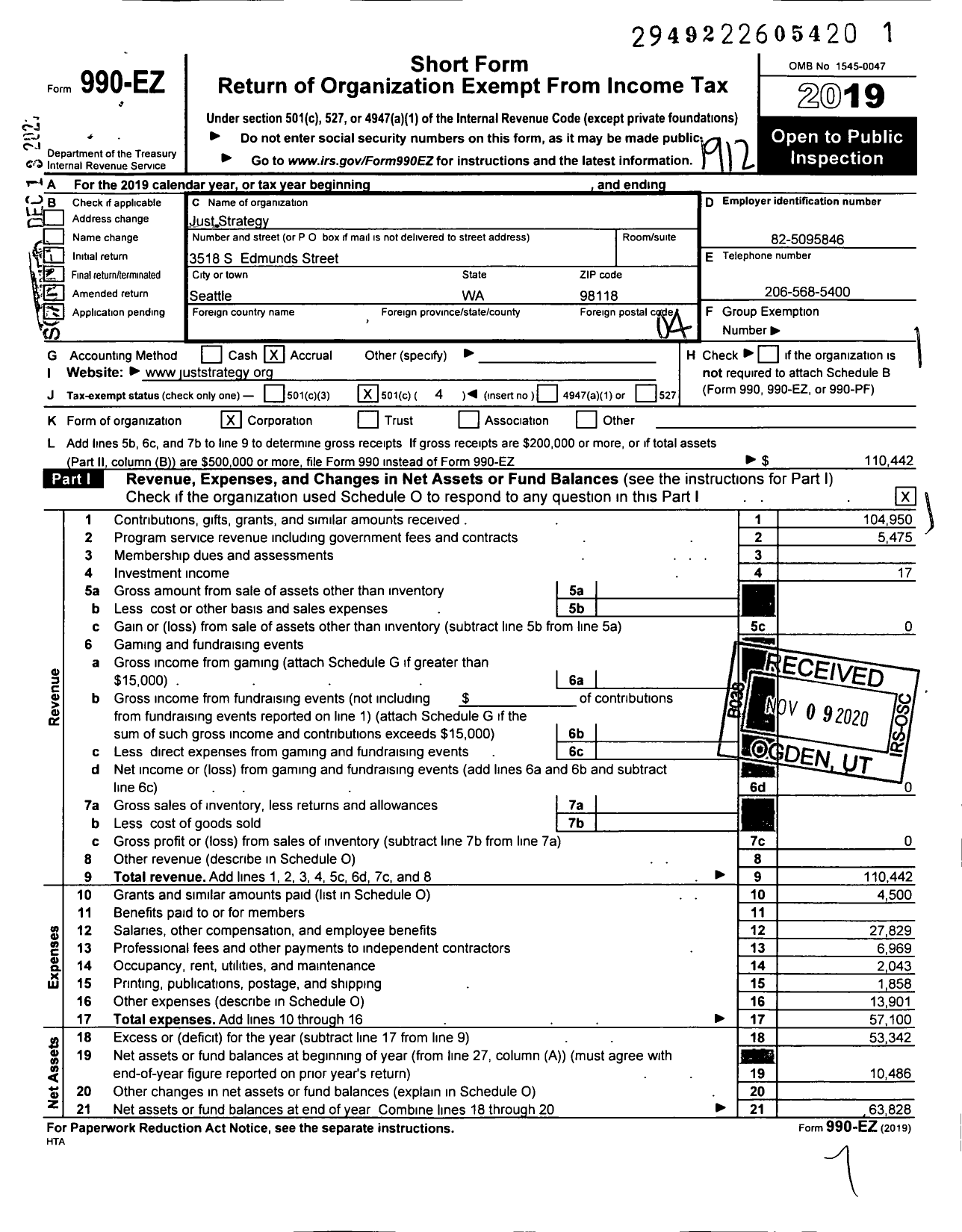 Image of first page of 2019 Form 990EO for Just Strategy