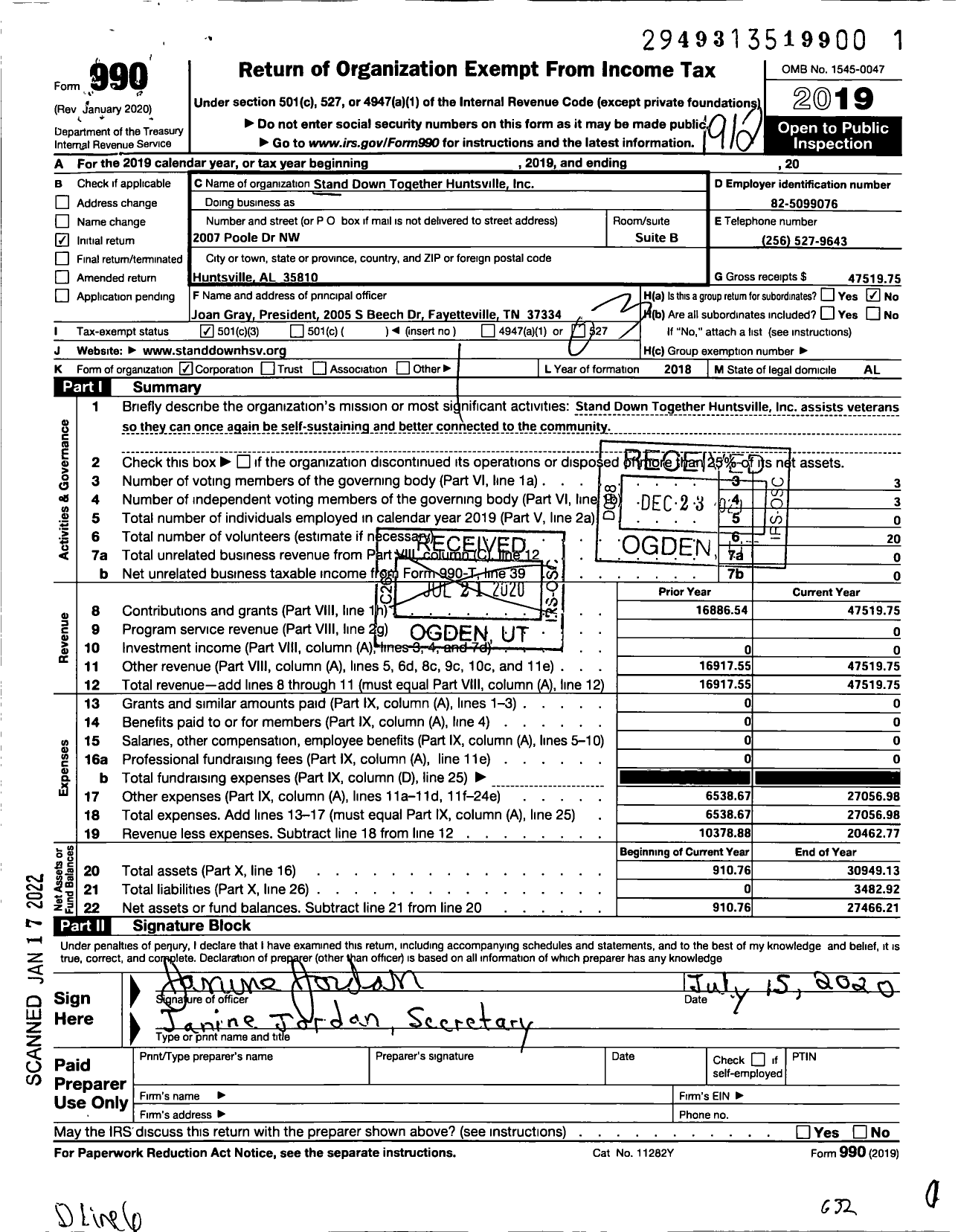 Image of first page of 2019 Form 990 for STAND DOWN Together Huntsville