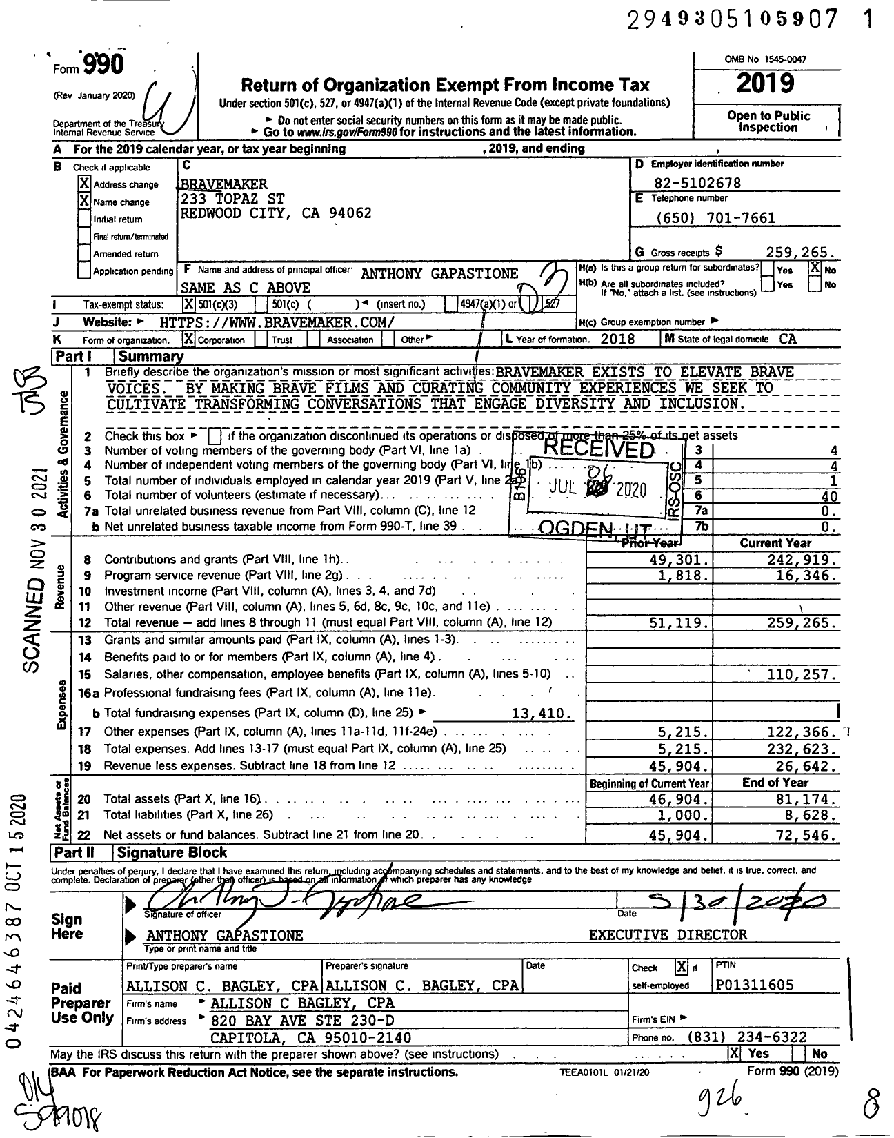 Image of first page of 2019 Form 990 for Bravemaker