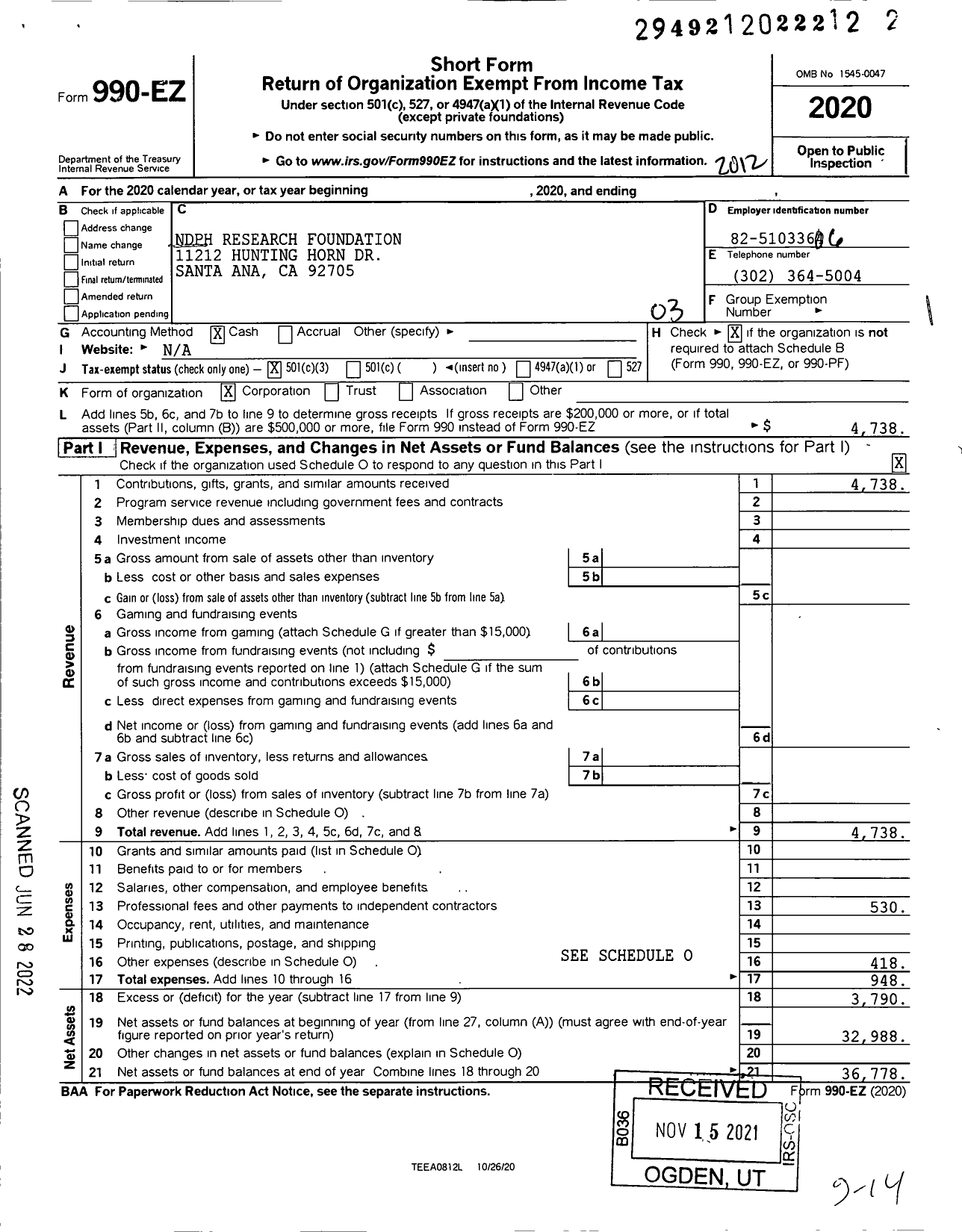 Image of first page of 2020 Form 990EZ for NDPH Research Foundation