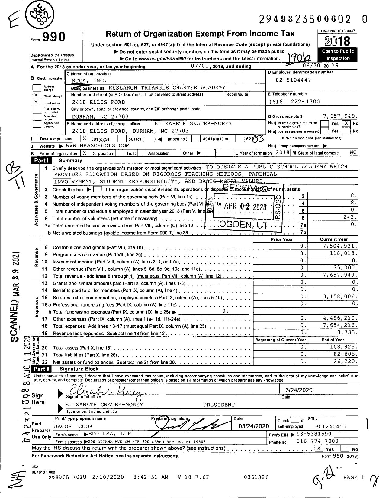 Image of first page of 2018 Form 990 for Research Triangle Charter Academy (RTCA)