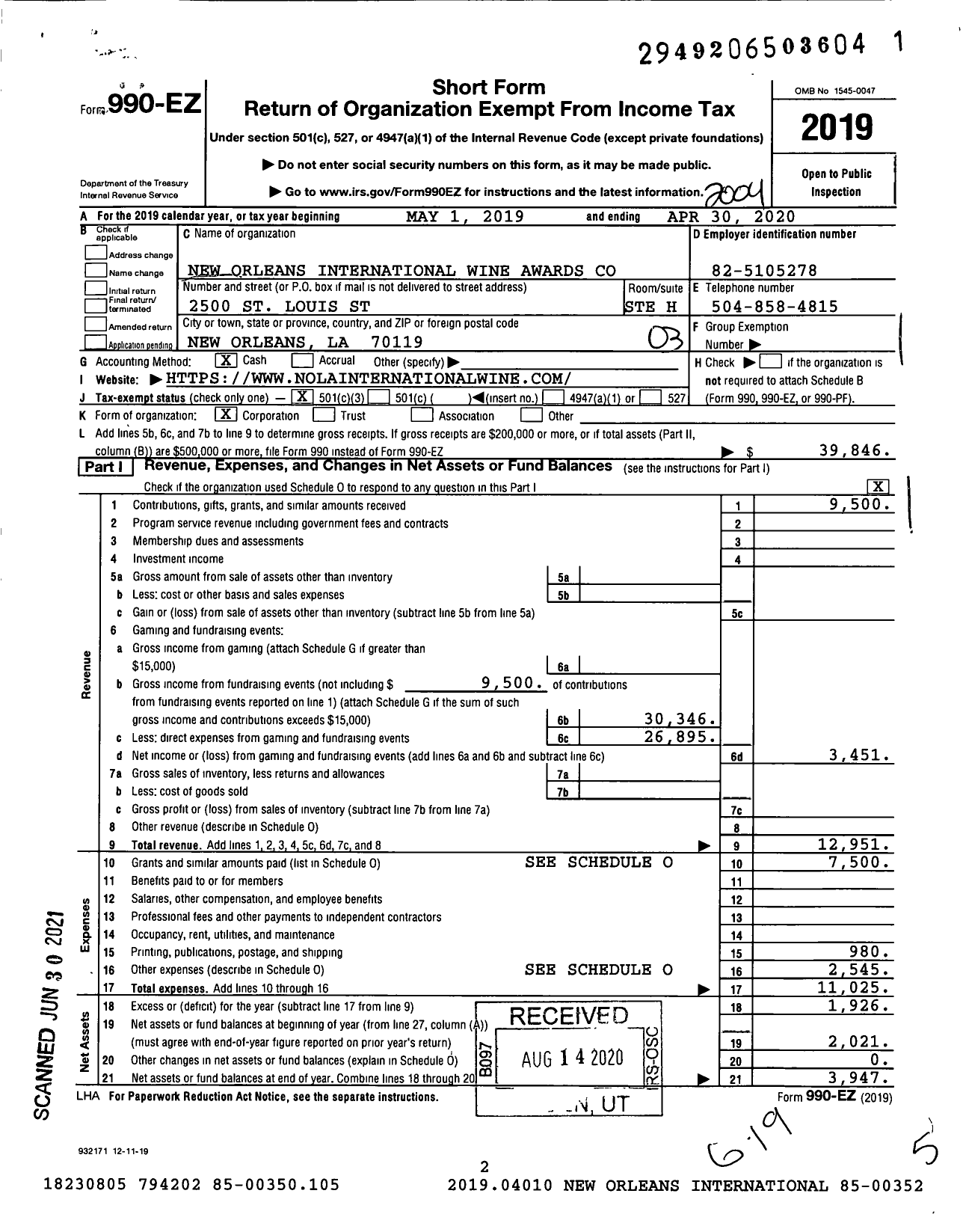 Image of first page of 2019 Form 990EZ for New Orleans International Wine Awards Corporation